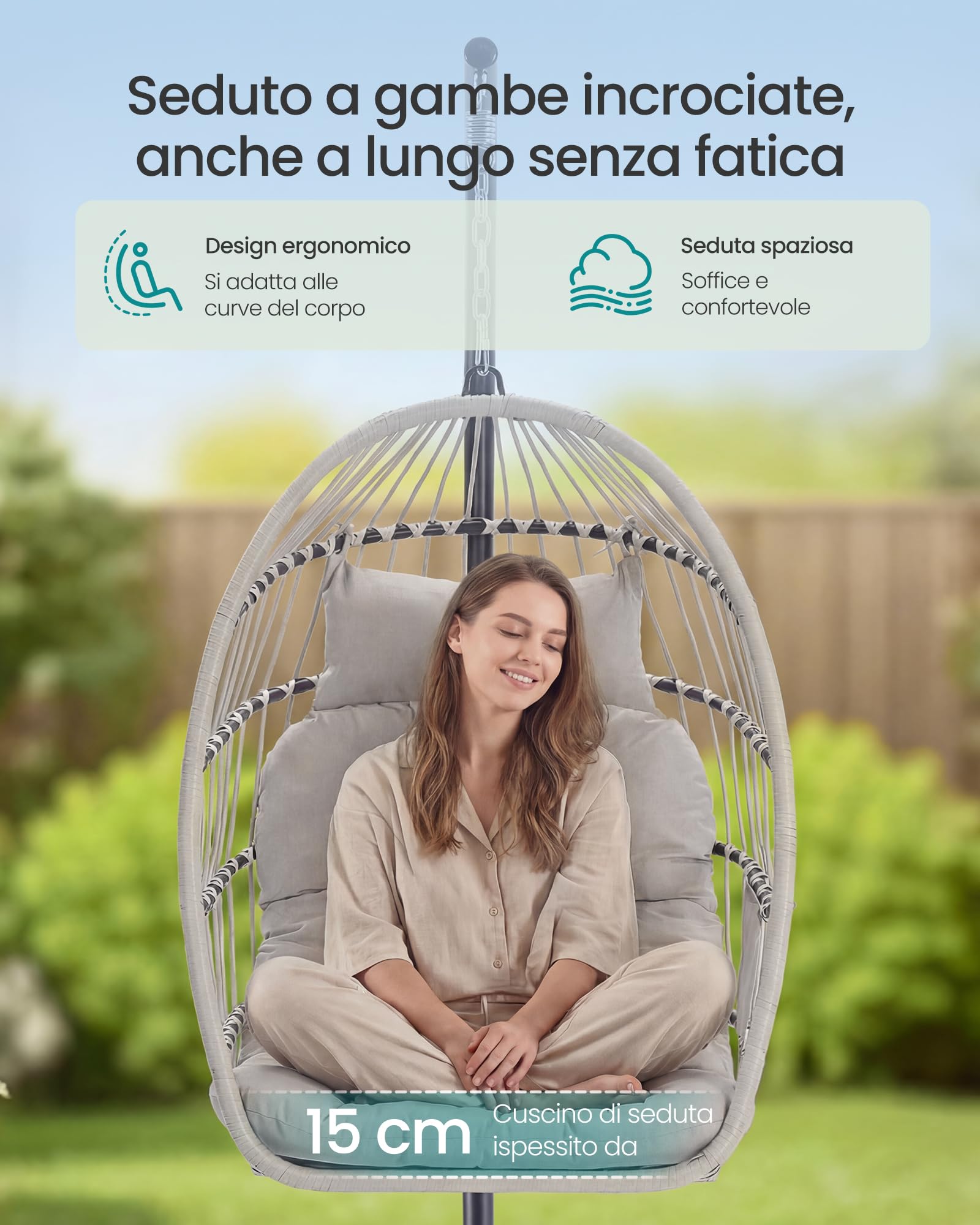 SONGMICS Sedia Sospesa da Esterno, Cestello Pieghevole, Poltrona a Uovo, Altezza Regolabile, Tasca Portaoggetti, Seduta Imbottita, per Soggiorno, Giardino e Balcone, Bianco GDC050WZ01