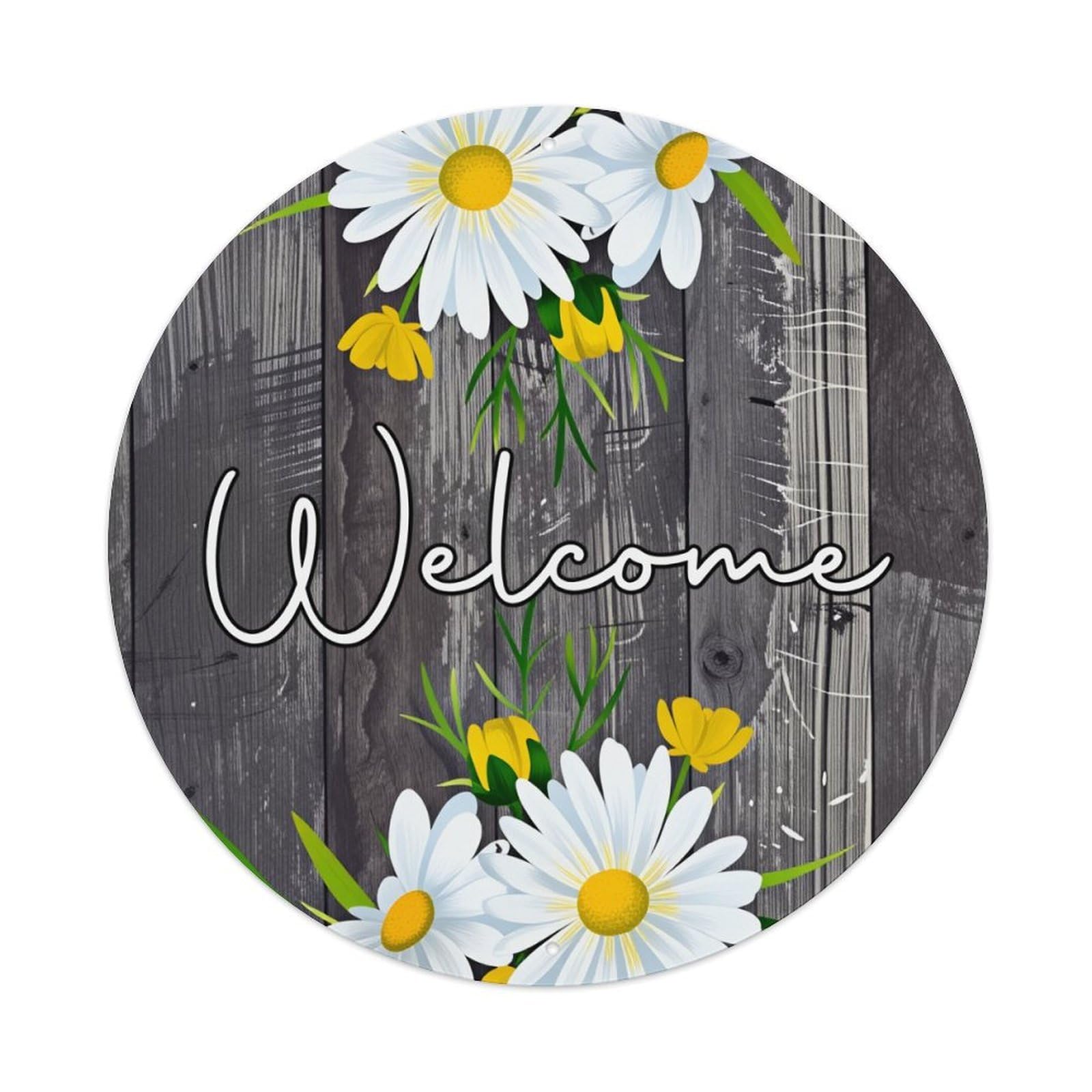 Daisy Flowers Wooden Style Background Welcome Round Tin Sign Vintage Style Metal Sign Home Bar Garden Wall Plaque Decor Metal Poster 8x8 Inch
