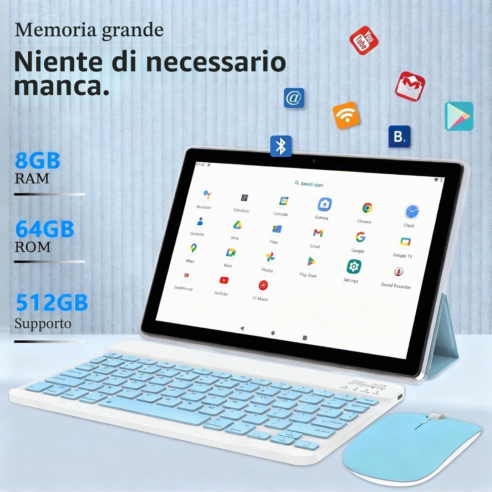 Tablet 10 pollici Android 15 Tablet, 2 in 1 Tablet, Include Tastiera Mouse Caso Stylus, 64GB ROM+8GB RAM 1TB espandibile 2MP+8MP Doppia fotocamera, 5G WIFI-6 Bluetooth 6000mAh Batteria 10.1 pollici