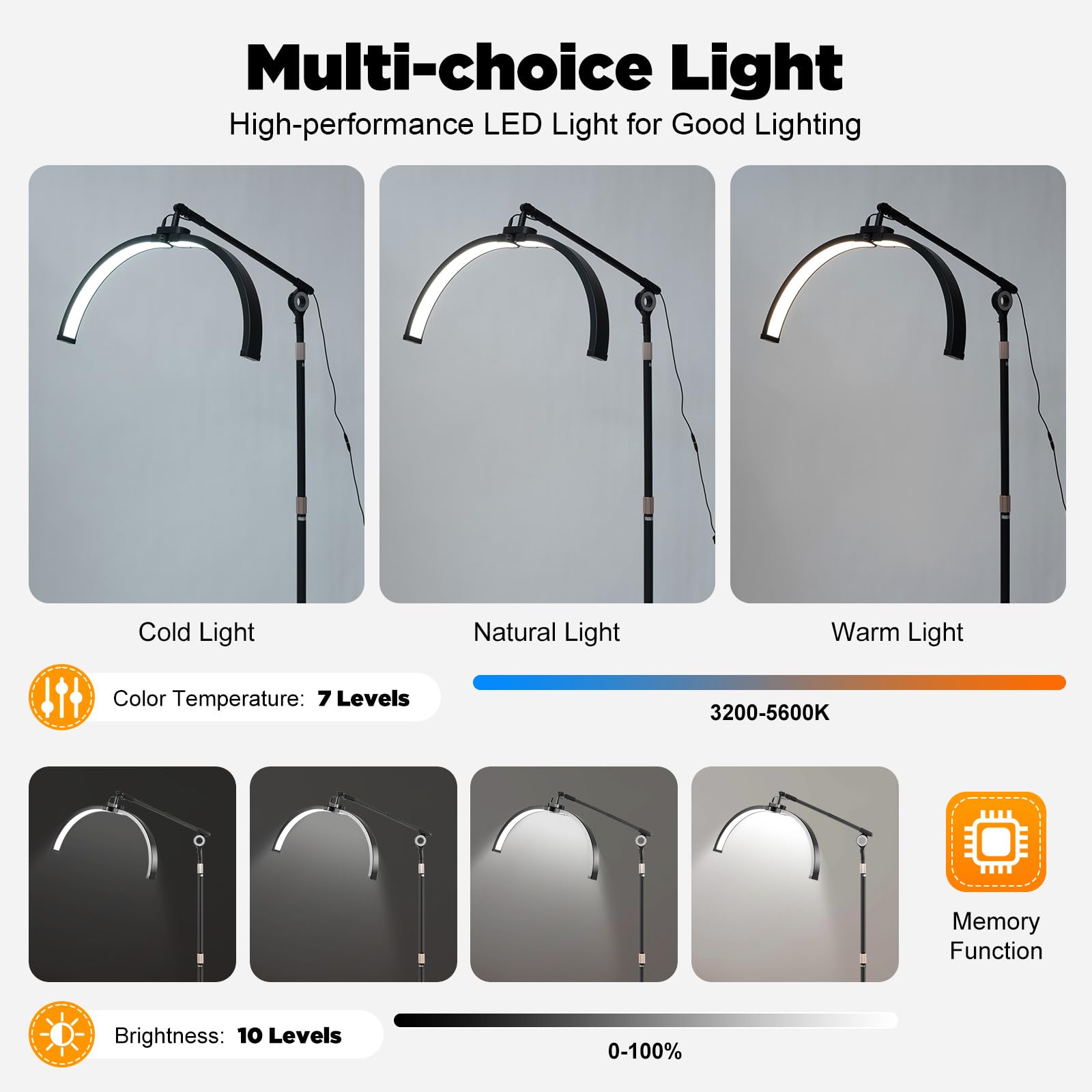 Lampada cosmetica a mezzaluna, con supporto per telefono e rotelle, regolabile a 350°, due opzioni di controllo, 3200 K-5600 K, luci di bellezza per saloni fotografici, tavoli da trucco (28 pollici