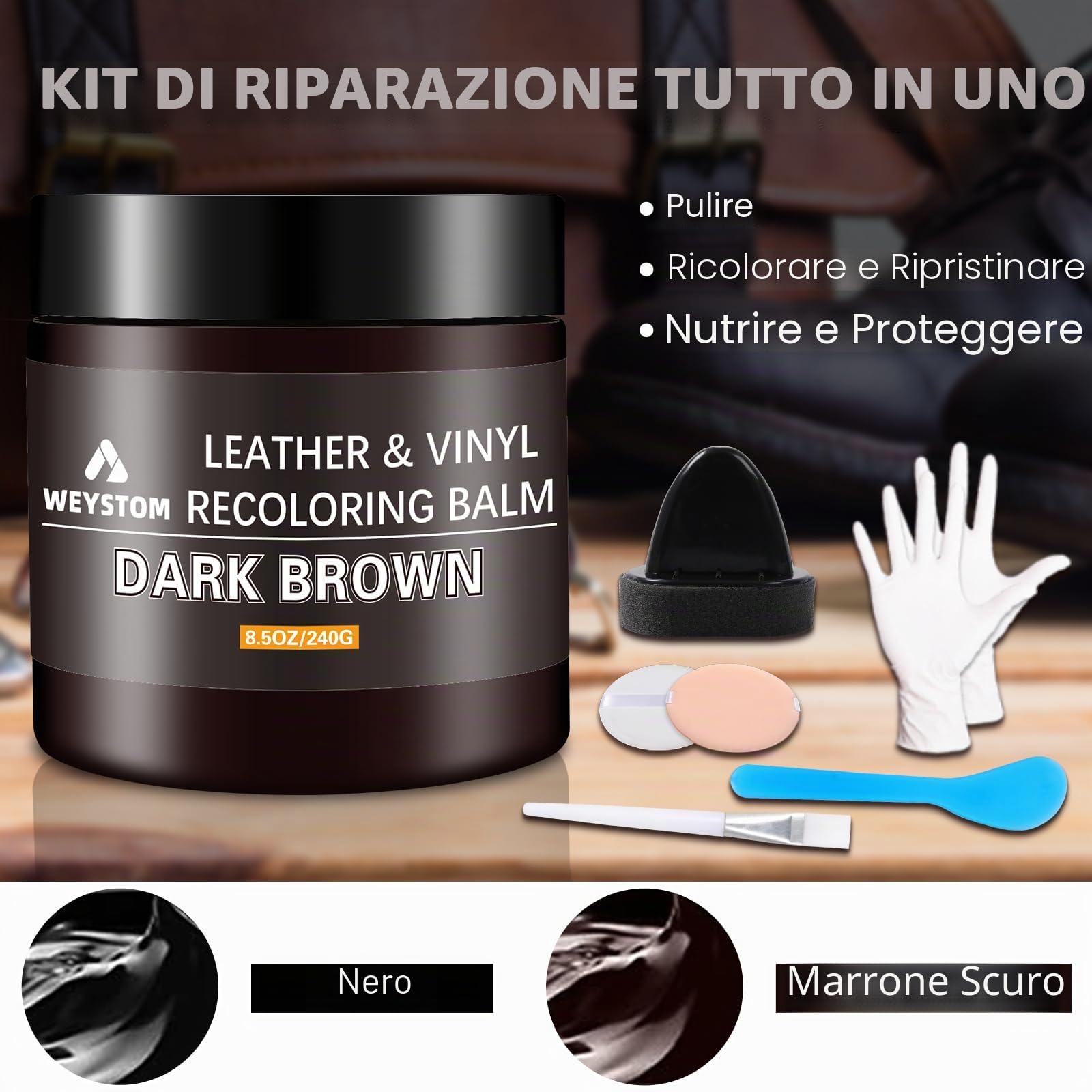 Kit di Riparazione per Pelle - Balsamo Ricolorante, Tinture per Mobili, Rinnovare e Ripristinare Pelle Invecchiata, Sbiadita, Screpolata, Sbucciata e Scottata