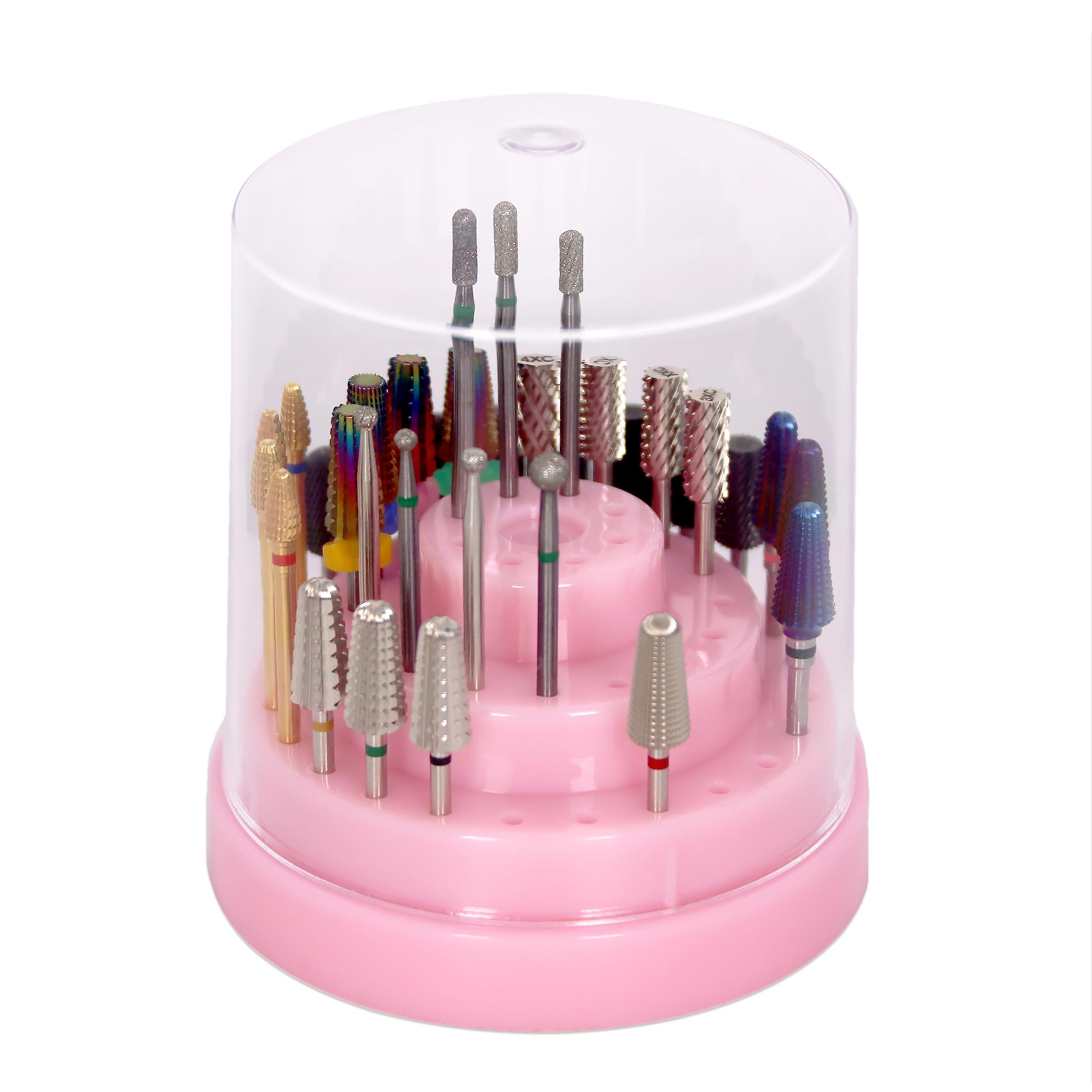 PANA Round Cake Tier Nail Drill Bit Holder Display Organizer Case - Dustproof Carbide Bit Storage Container Box For Manicure Tools Nail Salon - 48 Holes Pink (Drill Bits Not Included)