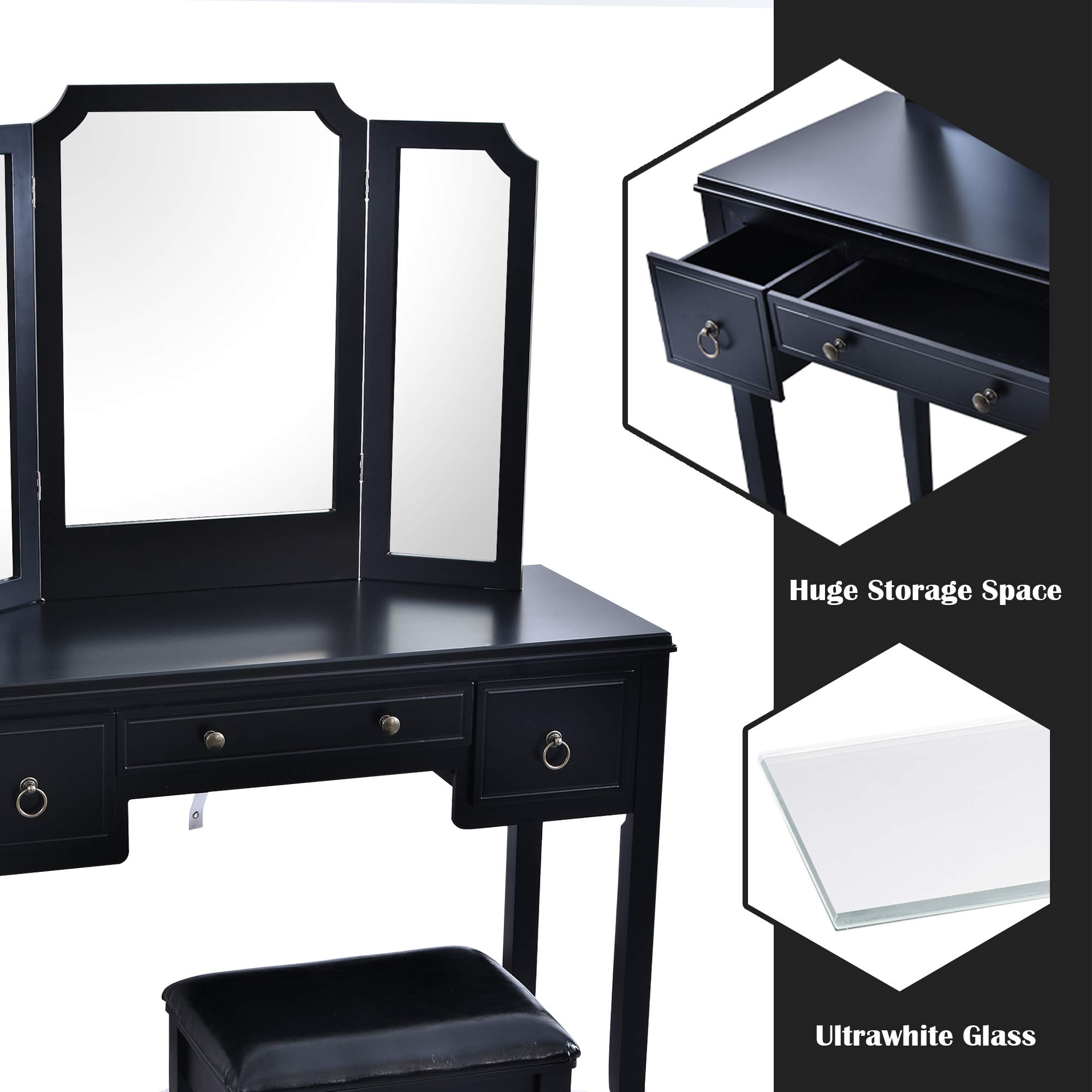 Allewie Makeup Vanity Table, Large Desktop Vanity with Bench, Tri