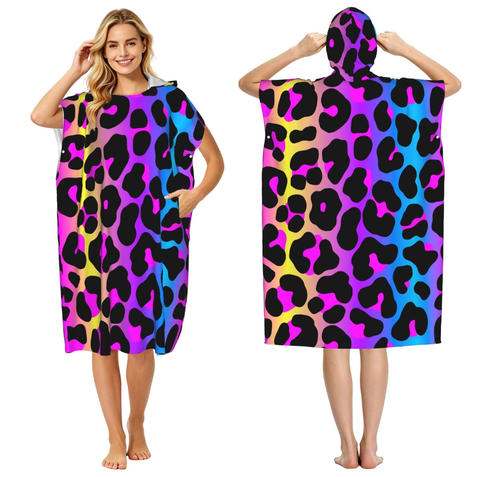 Poadnly Neon Leopard Print, Adult Hooded Beach Towel 90 x 110 cm,Changing Bath Robe, Surf Poncho Towel For Women Men