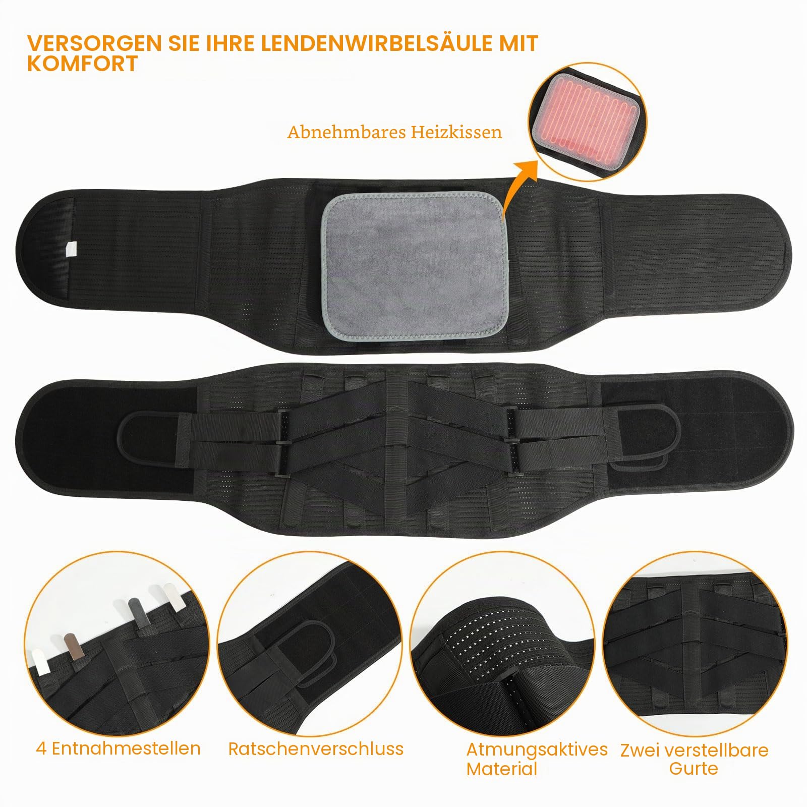 Kabellose Heizauflage für Rücken, Beheizter Rückenstützgurt für Frauen und Männer, Lendenwirbelstütze bei Ischias, Skoliose, Bandscheibenvorfall, L