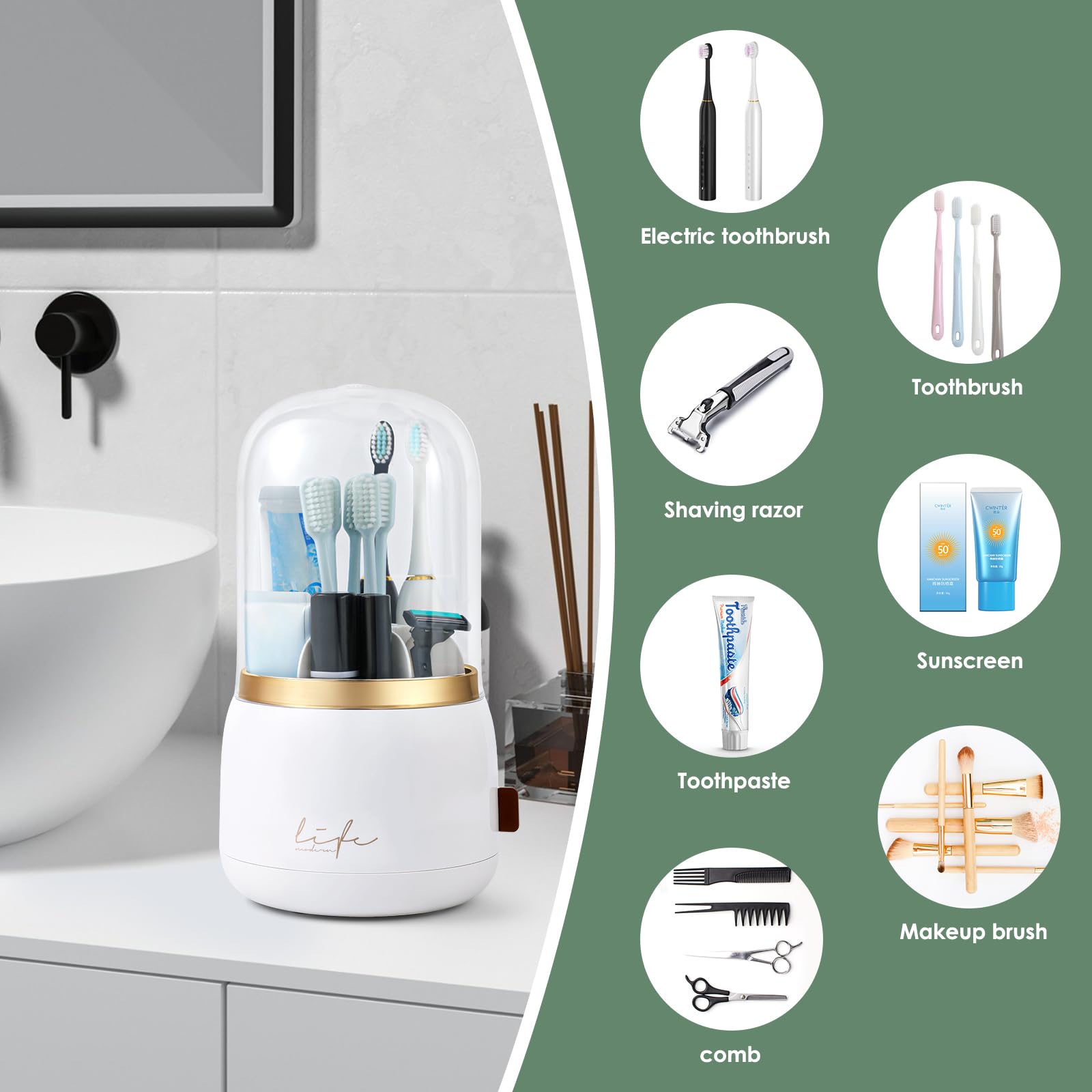 Soportes para cepillos de dientes para baños, 7 ranuras giratorias con tapa y drenaje de agua, soporte para cepillo de dientes eléctrico para niños y soporte de pasta de dientes para accesorios de