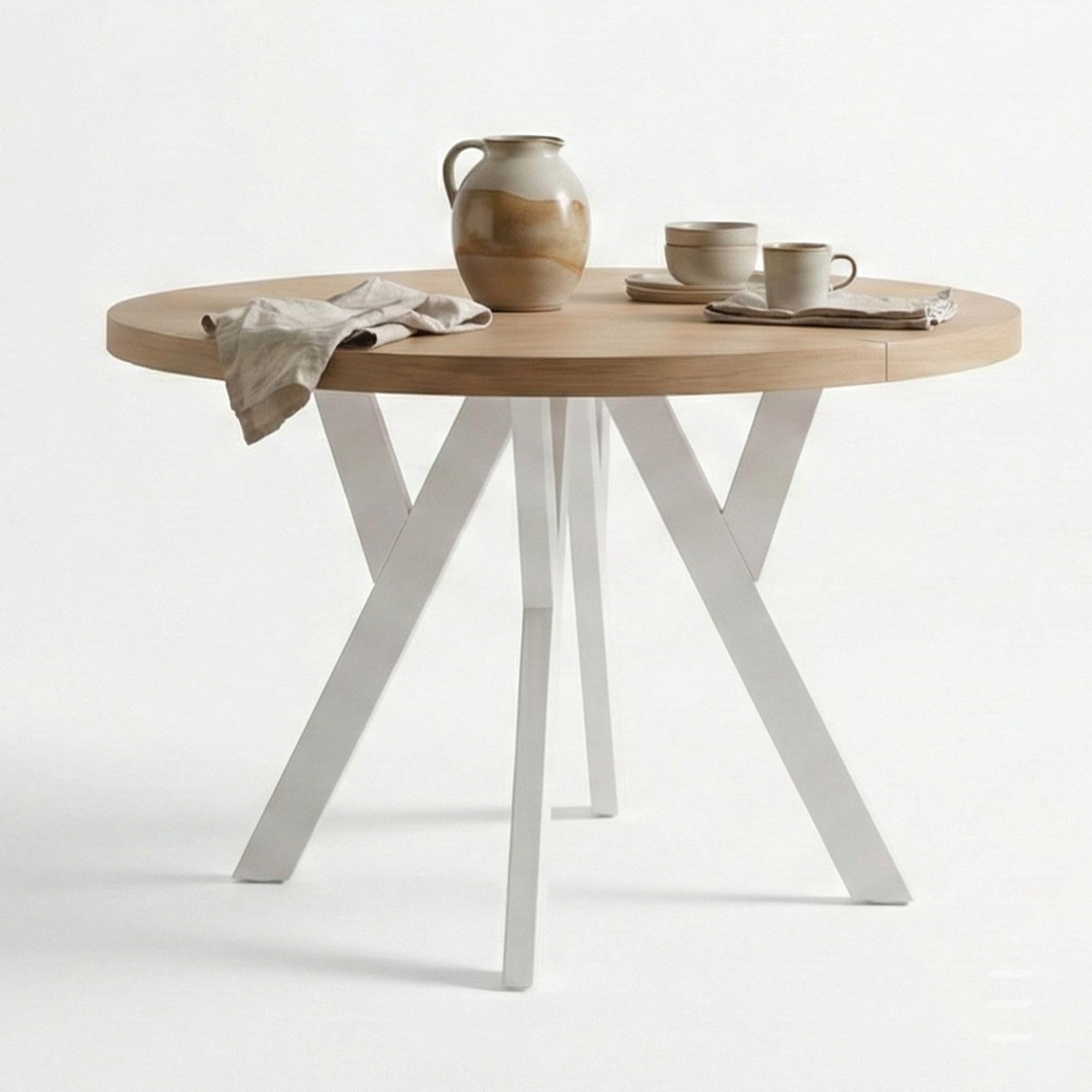 Runder Ausziehbarer Tisch für Esszimmer mit Holzbeinen, Pero, Loft-Stil, Skandinavische, Durchmesser Varianten: von 90 bis 220 cm (Eiche Artisan/Weiß, 90/140 cm)