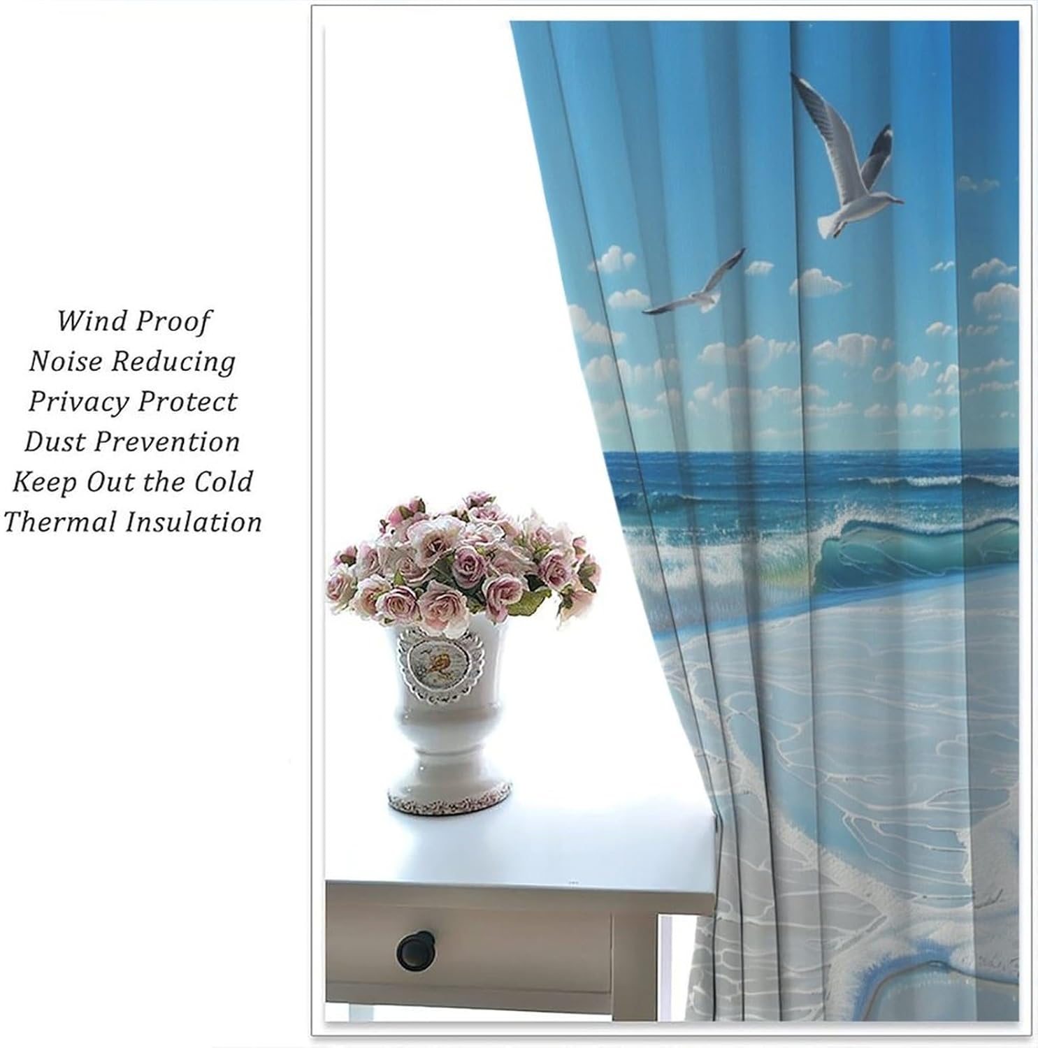 Blue Sea Seagull Blackout Curtains for Bedroom Kitchen, Beach Seabird Animal Window Curtains Rod Pocket Thermal Insulated Window Drapes, 2 Panels, Each 21" W x 45" L