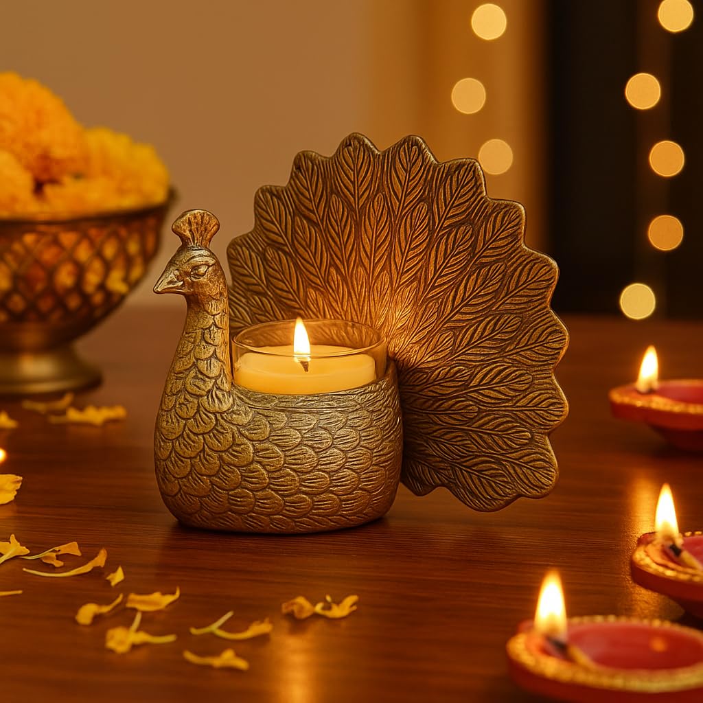 Jaipur Ace Golden Peacock Tealight Candle Holder for Diwali Decoration | Decorative Metal Tea Light Stand for Home, Festive Decor, Weddings, Gifting – Elegant Traditional Peacock Design-image-12