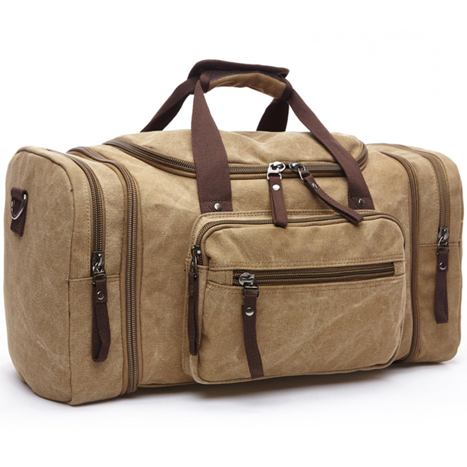 Qiccijoo Canvas Travel Duffle Bag for Women Men 50L Expandable Gym Bag Flight Approved Carry On Large Business School Weekend Overnight Tote Crossbody Luggage （khaki）