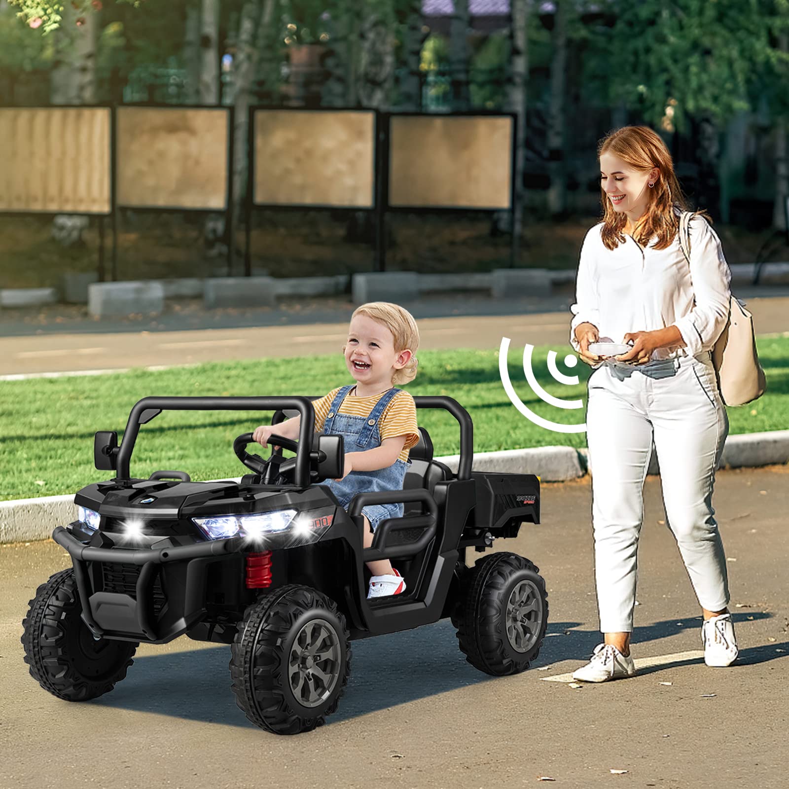 COSTWAY Kinder Elektroauto 2 Sitzer, 12V Kinderauto mit elektrischer Kippmulde, Schaufel & 2,4GHz Fernbedienung, Elektrofahrzeuge mit Musik, Hupen und Scheinwerfer, für Kinder ab 3 Jahren (Schwarz)