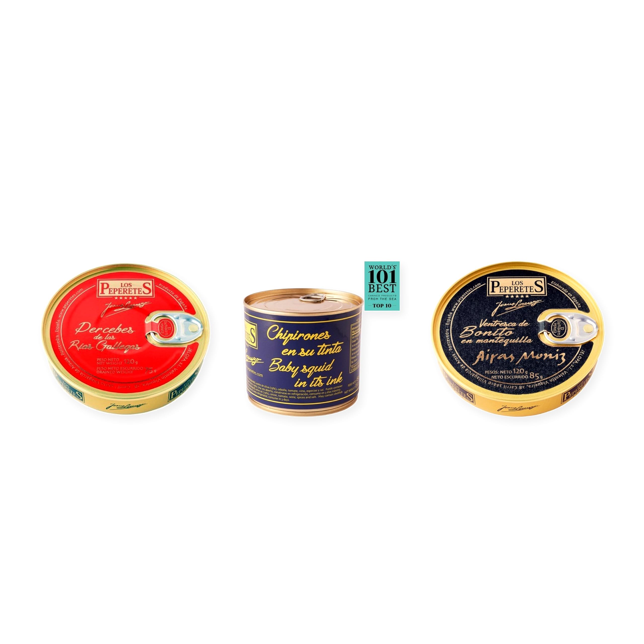 los peperetes conservas Percebes Rías Gallegas, Chipirones Tinta 460g y Ventresca Bonito Mantequilla pack 3 latas