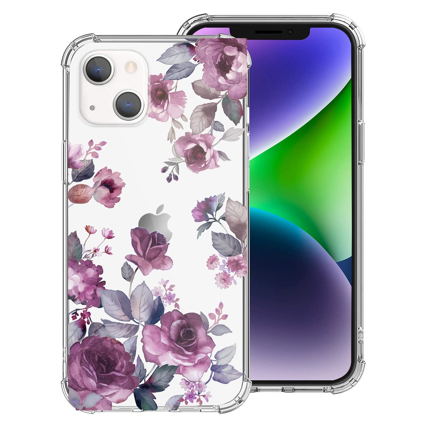Lapacfor iPhone 14 Cases Dark Purple Rose, Clear Soft Shell Floral Case for iPhone 14, Protective TPU Slim Cute Anti-Scratch Shockproof iPhone 14 Case for Women Girls