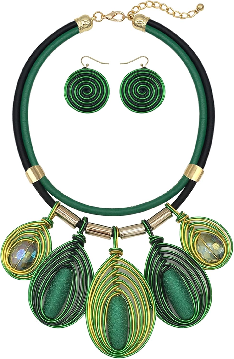 Chunky African Jewelry Statement Necklace For Women Tribal Fashion Costume Earring Set Unique Rhinestone Crystal Gold Wire Wrapped Big Wood Pendent Collar Choker Bib Handmade