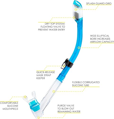 Vista 2 de Cressi Adult Diving Dry Snorkel with Splash Guard and Top Valve - Supernova Dry: Designed in Italy Aguamarina translúcida.