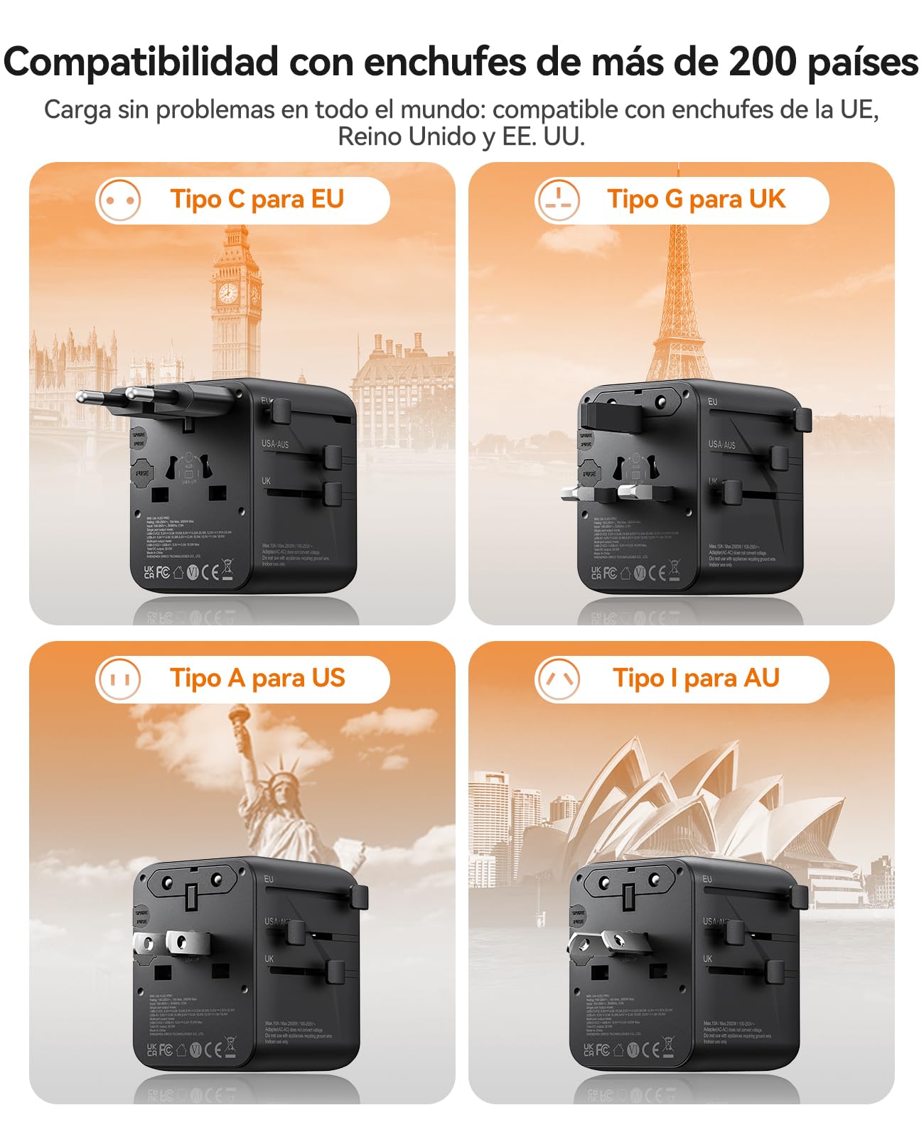 ORICO Kit de Viaje Completo: Regleta de Viaje (Negra) y Adaptador de Enchufe Universal - Solución de Carga 2 en 1 con 2 Tomas y 5 Puertos USB (PD 20W), Compacto para Equipaje