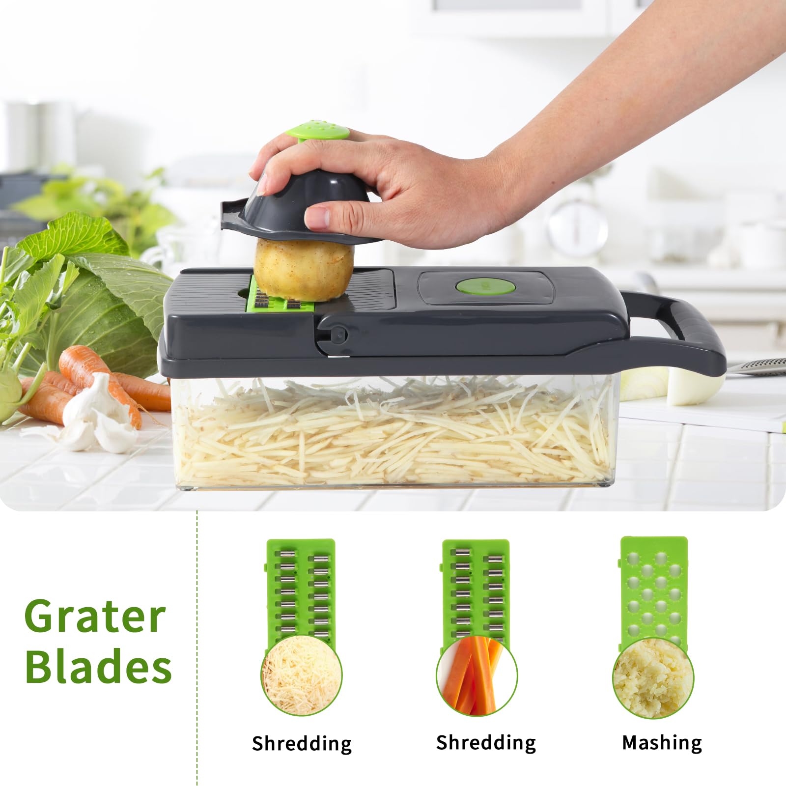 WVacFre Tritatutto Professionale Multifunzione 14 In 1, Affettatrice Per Verdure Con 8 Lame, Tritatutto Per Carote E Aglio Con Contenitore - Foto 6