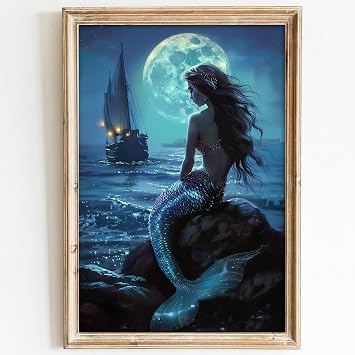 Vintage Mermaid Painting Full Moon Canvas Wall Art Coastal Sailboat Pictures Gothic Landscape Poster Mermaid Artwork Sea Landscape Wall Art Vintage Woman Painting Dark Moon Poster 16x24inch No Frame