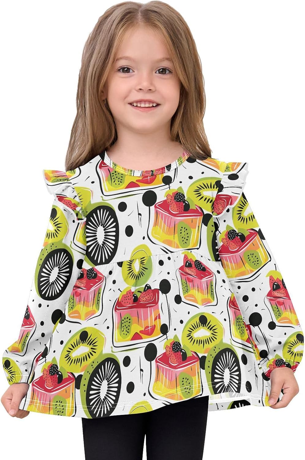 visesunny Toddler Clothes for Girls Fruit Pudding Pattern Long Sleeve Fall Shirts Cotton Top with Ruffle Collar