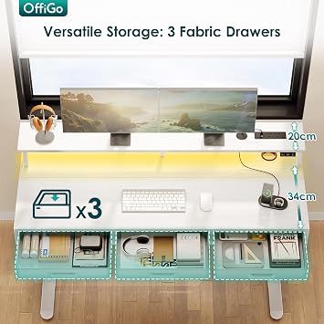 OffiGo Electric Standing Desk, 140 x 54cm Height Adjustable Desk with 3 Drawers, RGB LED Strip & Charging Station for Home Office Computer Workstation, Computer Table with Monitor Stand, White