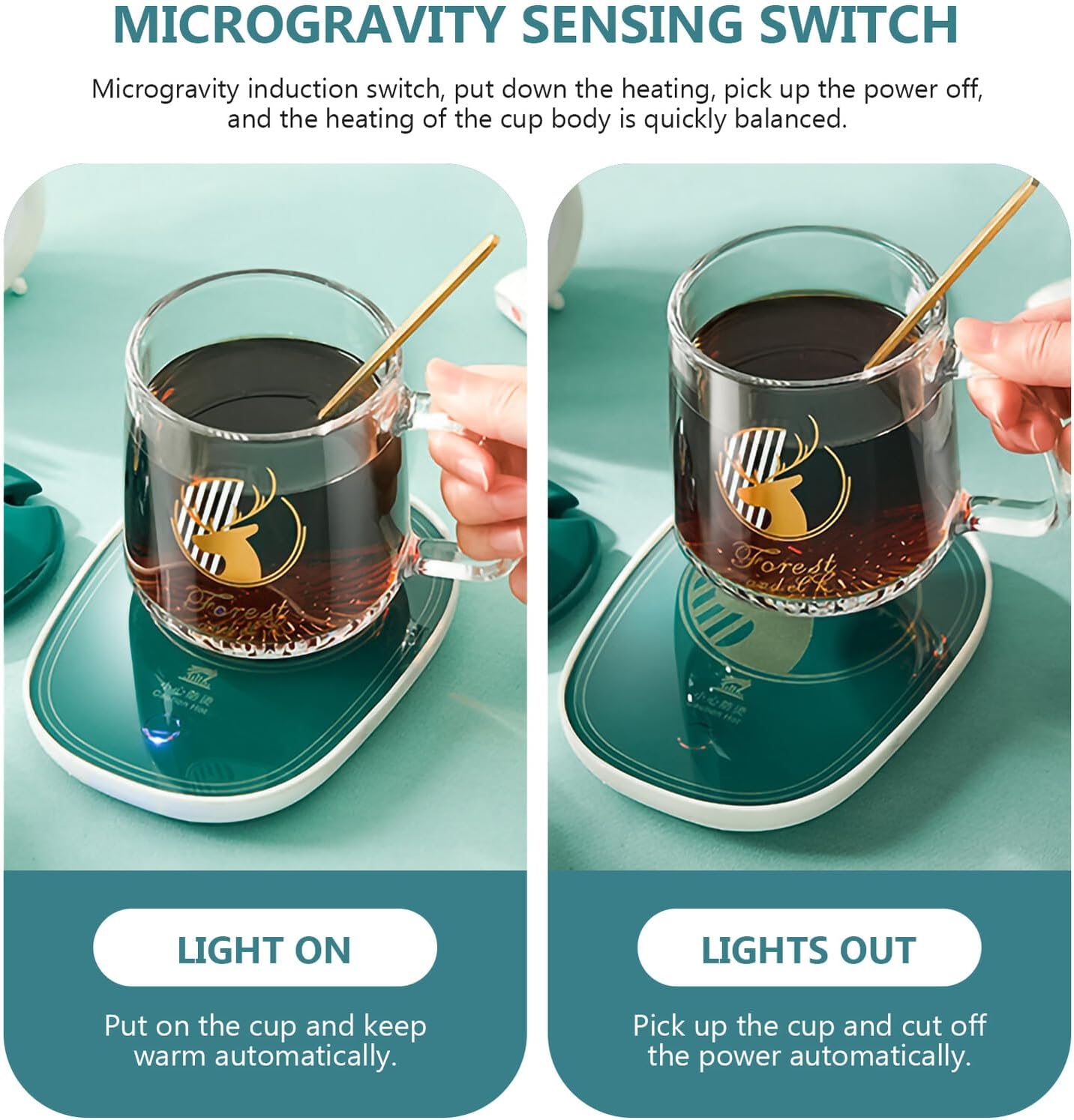 Creative Coffee Warmer with Heating Ceramic Coaster and Glass Mug in Dark Green US Plug for Office Desk Home Dorm Keeps Coffee Tea Cocoa Milk Warm Anytime