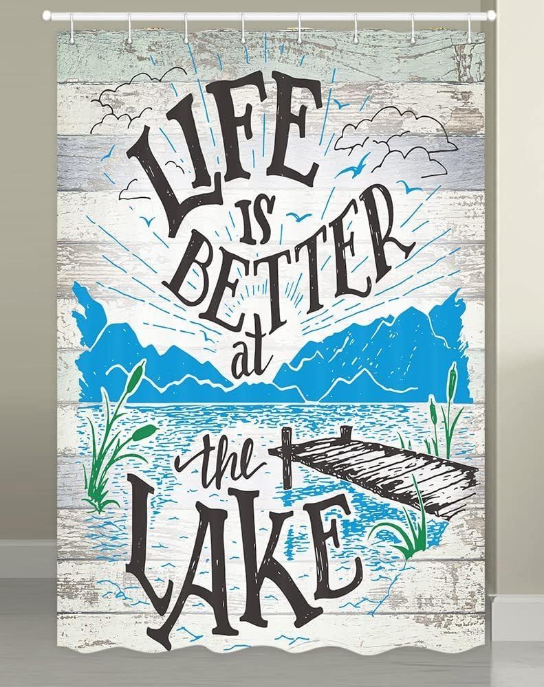 Blue Lakeside Cabin Shower Curtain, Life is Better at The Lake Wooden Pier Plants Art Print Bathroom Curtains, Rustic Wood Board Waterproof Cloth Fabric Bathroom Decor Set with Hooks
