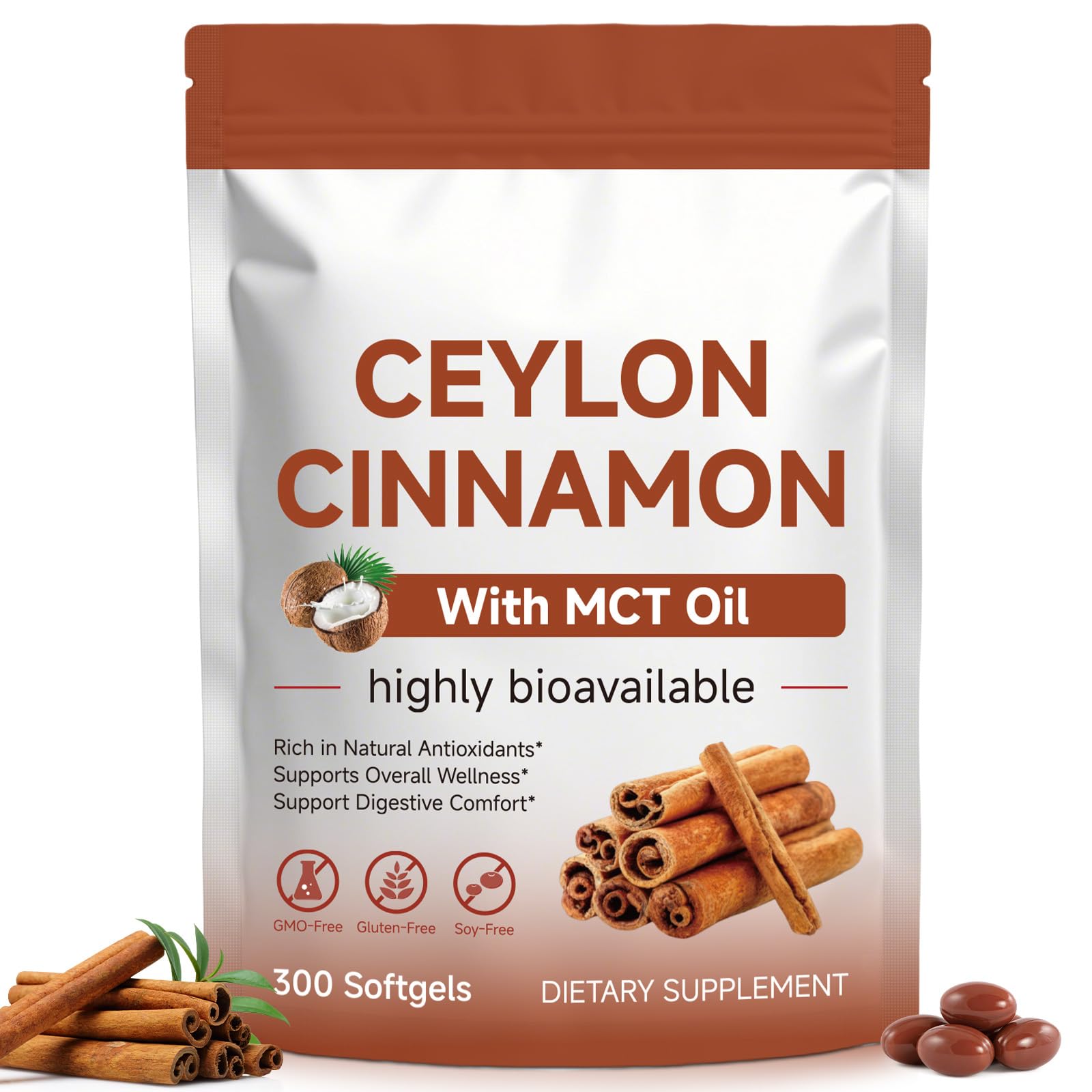 Ceylon Cinnamon Softgels with MCT Oil – Herbal Cinnamon Supplements for Metabolism Support & Digestive Comfort – Non-GMO & Gluten Free – 300 Softgels