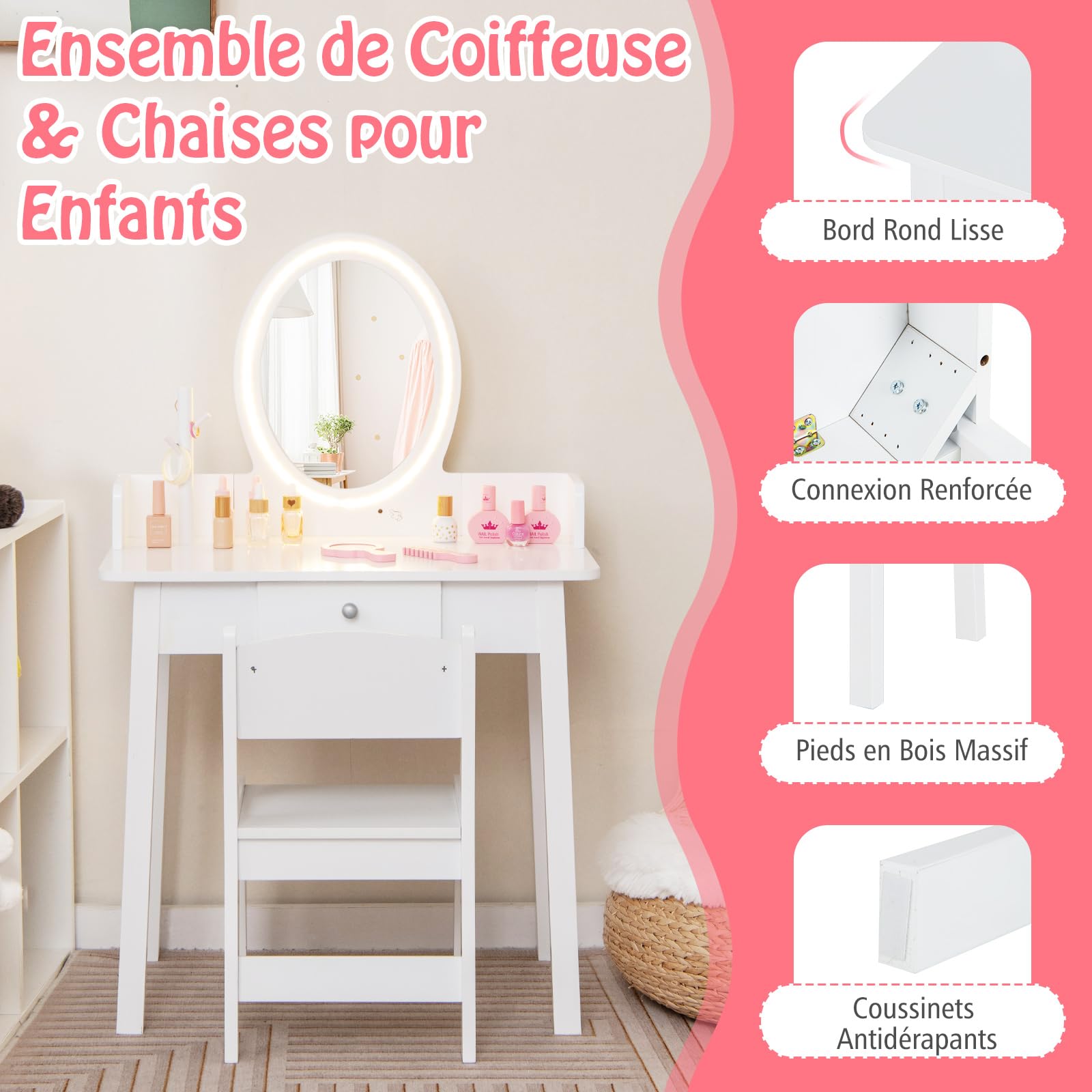 COSTWAY 2 en 1 Coiffeuse Enfants avec Miroir LED & Tabouret, Table de Maquillage avec Tiroir & Organisateur en Forme Arbre, Dispositif Anti-basculement, Charge 50kg pour Enfants de 3-8 Ans