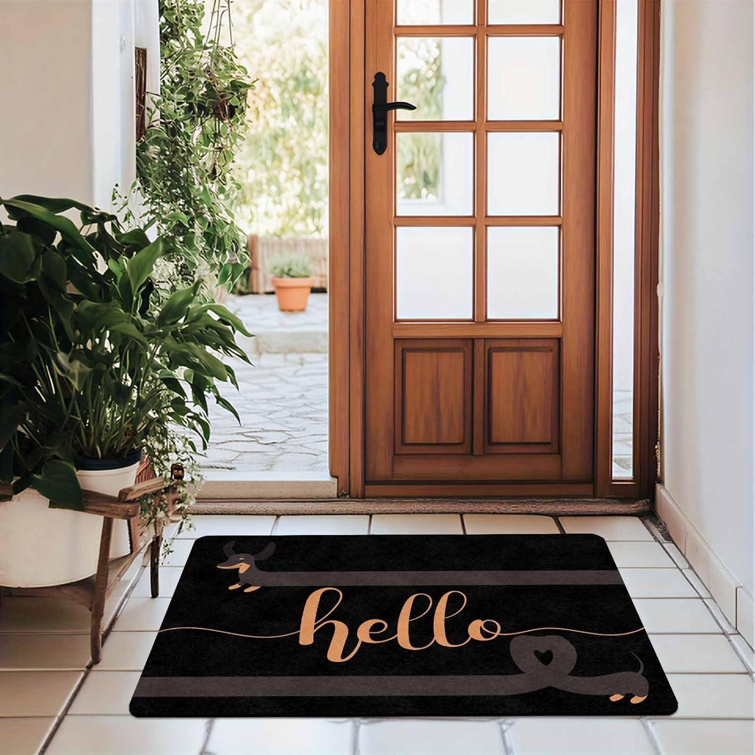 Hello Dachshund with Tail Heart - Door Mat - 30 × 18 Inches - Cute Long Dachshund - Welcome Doormat Outdoor,Entryway - Non-Slip Bath Rug for Bathroom,Kitchen,Indoor - Long Weiner Dog Home Decor