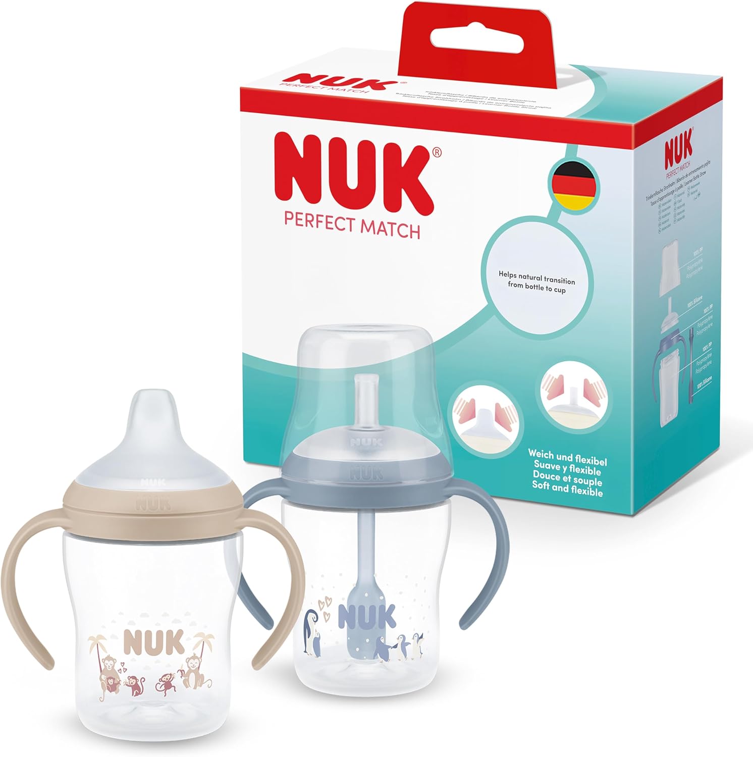 NUK Perfect Match Vaso Aprendizaje Bebe | 6+ meses | 150 ml | Vaso antiderrame bebe con pajita | Asas antideslizantes | Azul | 2 unidades