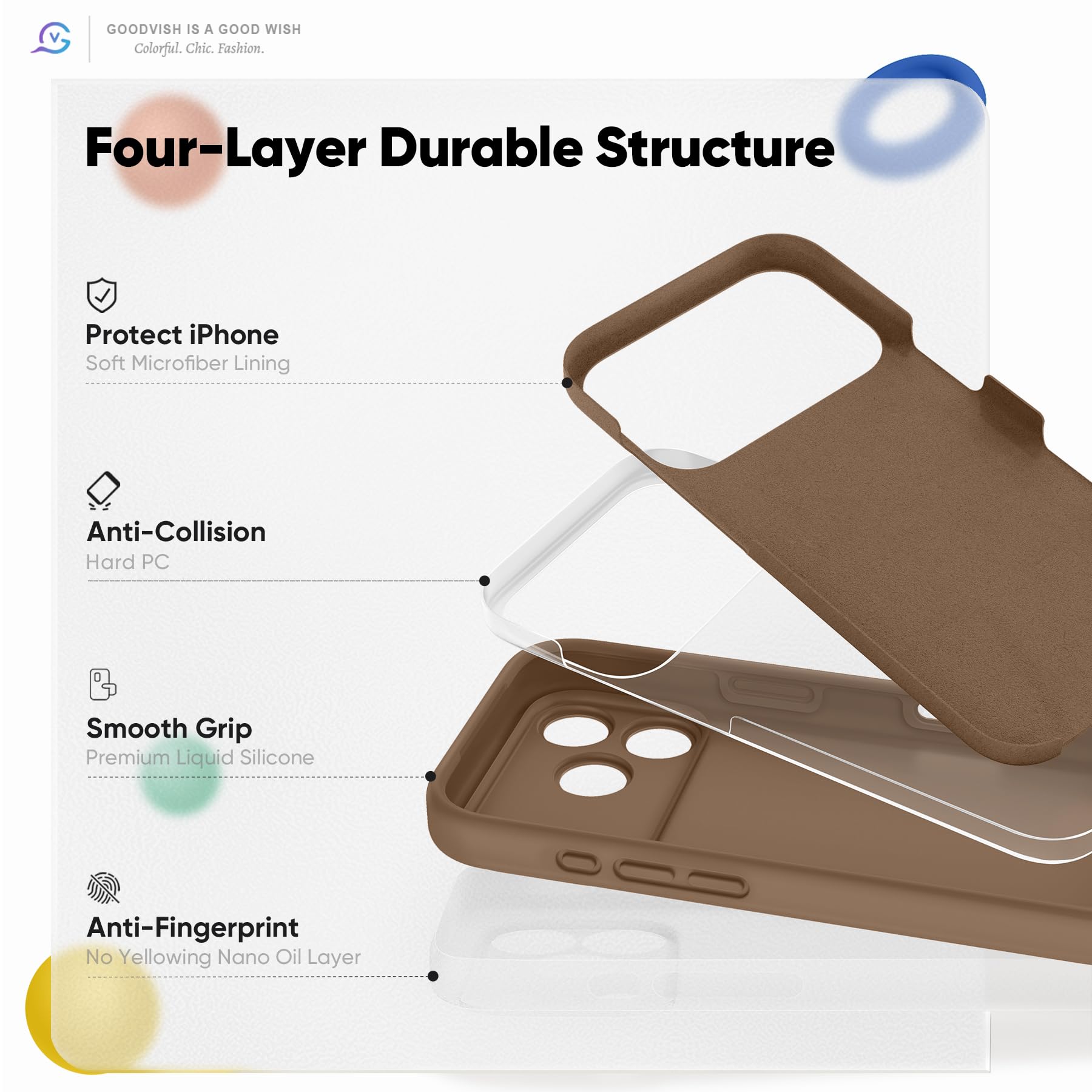 GOODVISH Silicone Cover per iPhone 17 Pro 6.3", Custodia con 2x Vetro Temperato [Pulsante Controllo Fotocamera] 360° Protezione Anticaduta Case per Cellulare Antiurto Resistente, Marrone