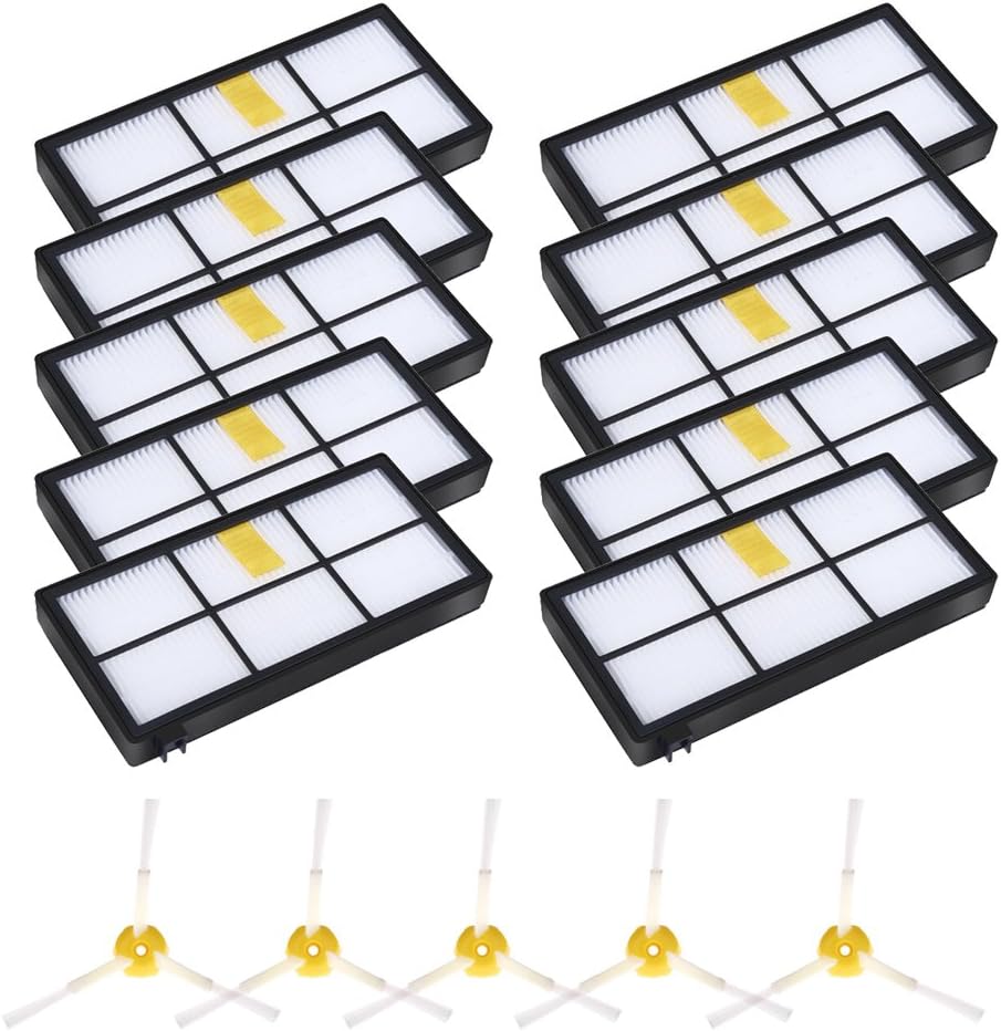 Vacuum Cleaner Replacement Part Kit for Irobot Roomba 880 870 800 980 Series Includes 10pcs HEPA Filters & 5pcs Side Brushes