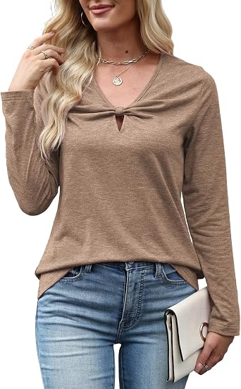 T Shirts Long Sleeve for Women V Neck Tees Fashion Loose Tops Casual Fall Outfits Clothes Beach 2025 Trendy