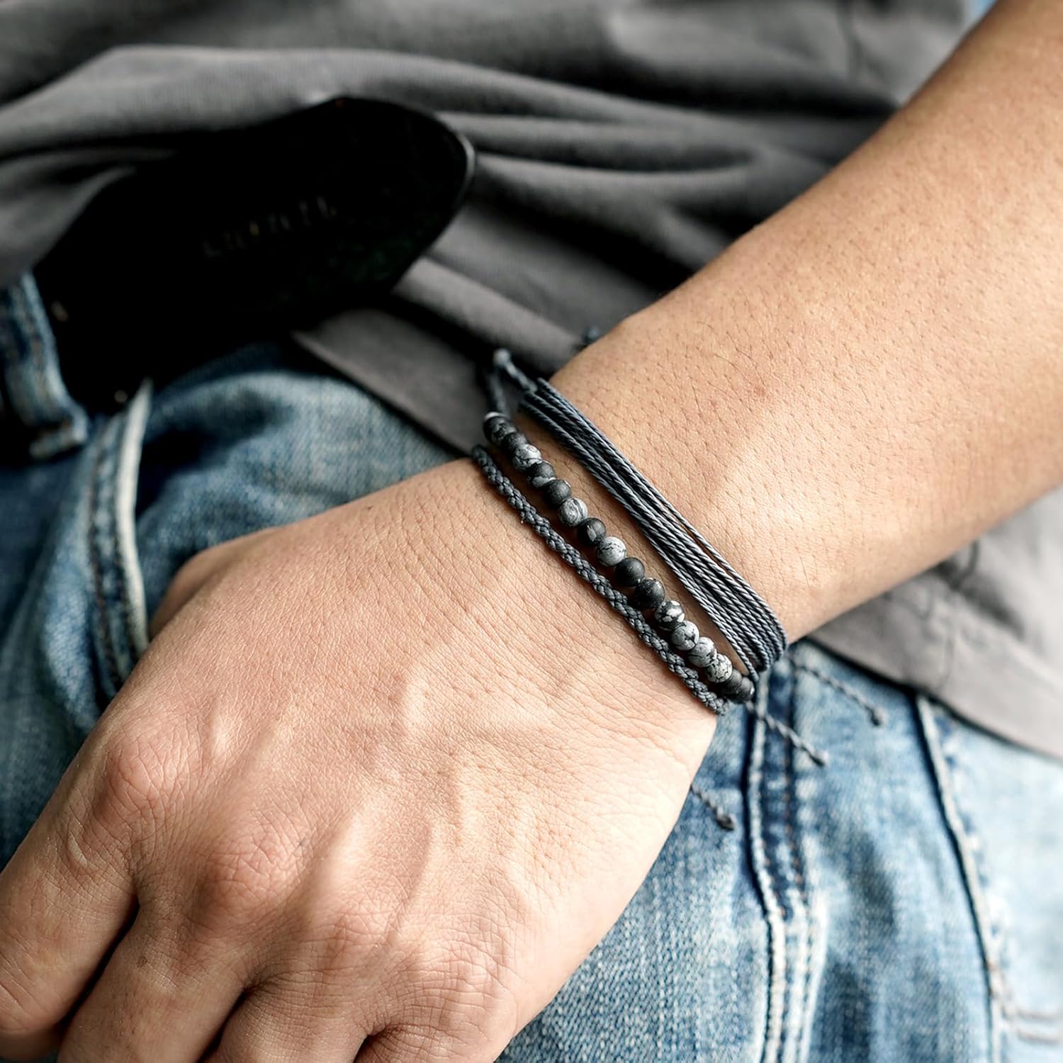 Handmade Natural Stone Beaded Healing Bracelet Gift for Men Adjustable Rope String Bracelet (Snowflake, Adjustable) - Image 3