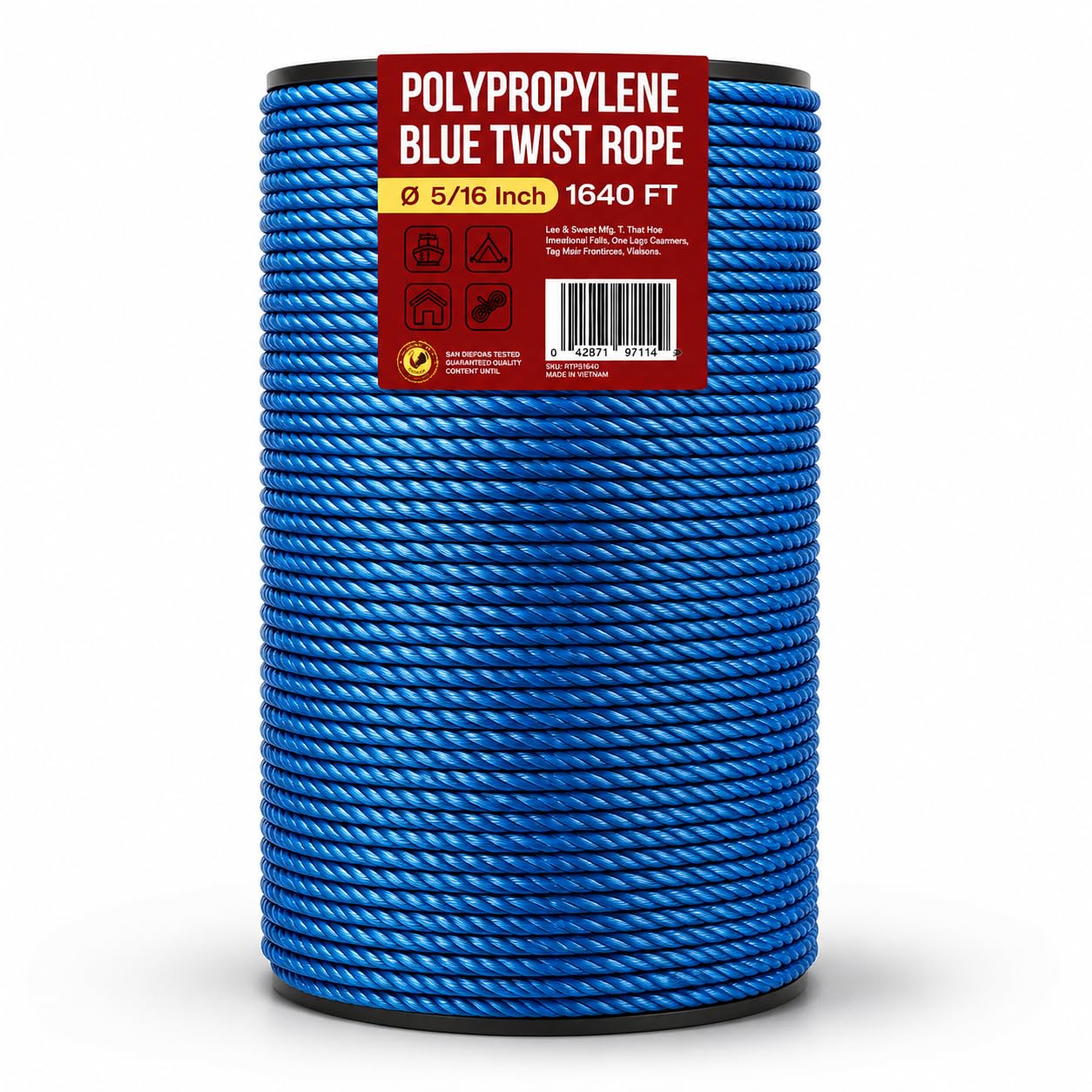 Heavy Duty PP/Polyester/Nylon Rope on Spool, Blue, 5/16inX1640FT