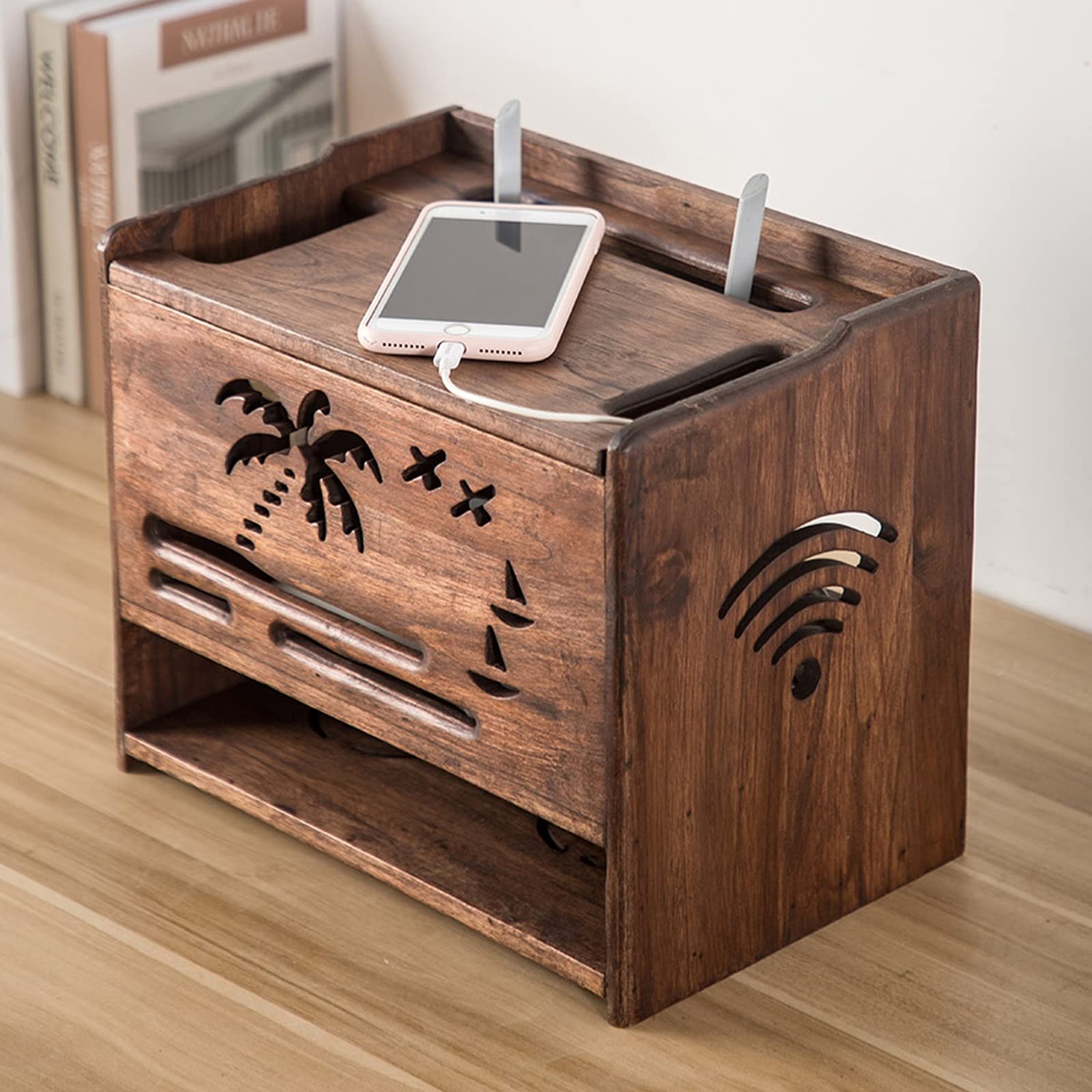 Boîte de rangement en bois à double couche Boîte de rangement de câble Organiseur Bureau de bureau Tidy Power Bande anti-poussière Boîte de rangement de routeur en bois, Ouverture supérieure / avant