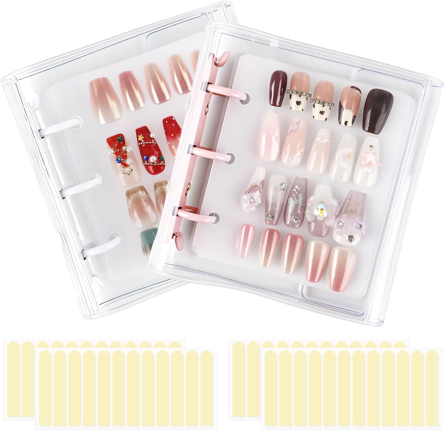 Press On Nail Organizer, 2Pcs Press On Nail Binder Book with 12 Insert Pages-A8 Sized & Double Sized Tape, Fake Nails Swatch Display Collecting Storage Book(Pink+White)