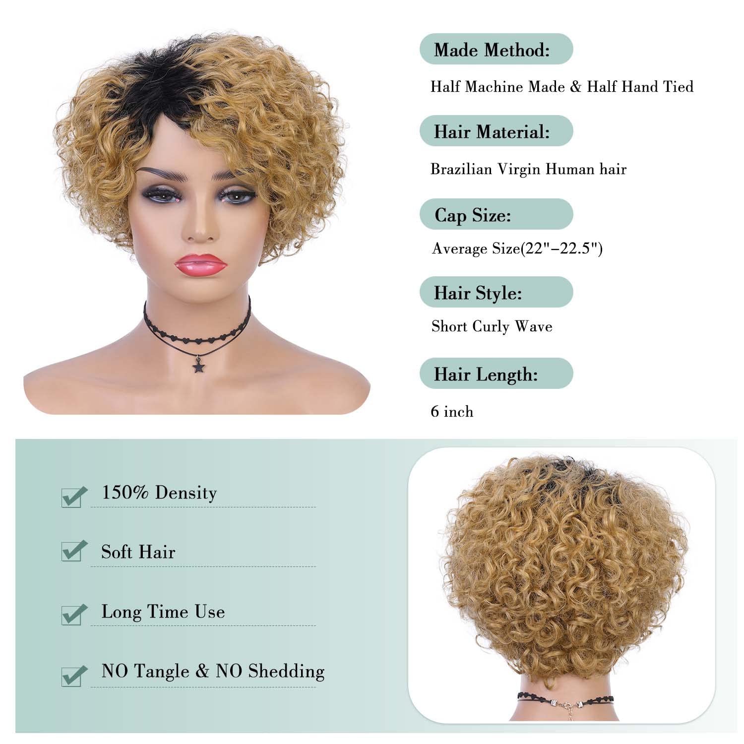 Quantum Love Human Hair Wigs for Black Women Short Curly Human Hair Side Part Wig Pixie Cut Brazilian Remy Human Hair Deep Curly None Lace Front Ombre Blonde Wigs