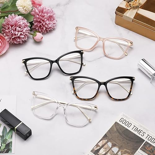 Miniatura 5 de Murddoa Paquete de 4 lentes de lectura para mujer, diseño de ojo de gato de gran tamaño, con bloqueo de luz azul, marcos de lentes de moda, lector
