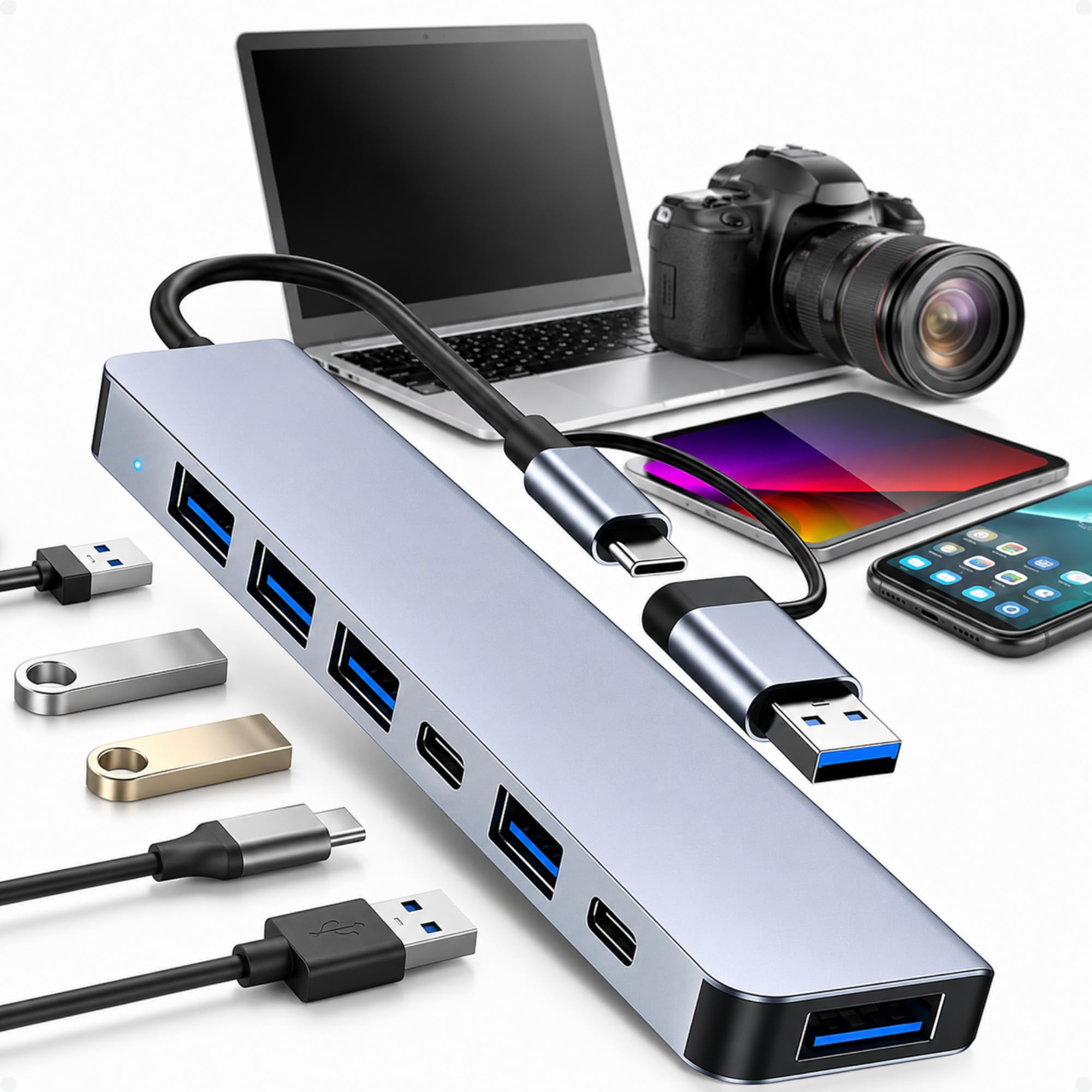 Adaptador Hub USB 7 em 2, Alumínio Compacto, com USB 3.0, USB 2.0, USB-C e PD 100W,