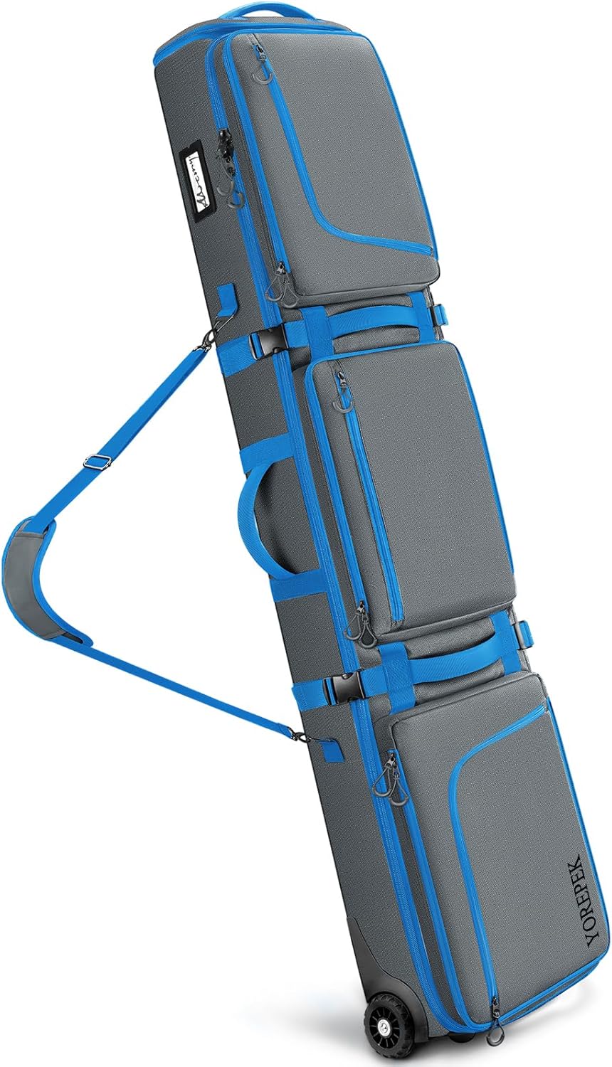 YOREPEK Padded Snowboard Bag with Wheels, Extendable Ski Bags for Air Travel Length up to 175cm, Multi-Compartment Padded Ski Roller Bag with 6 Pockets for Snowboard Accessories, Goggles, Mud Grey