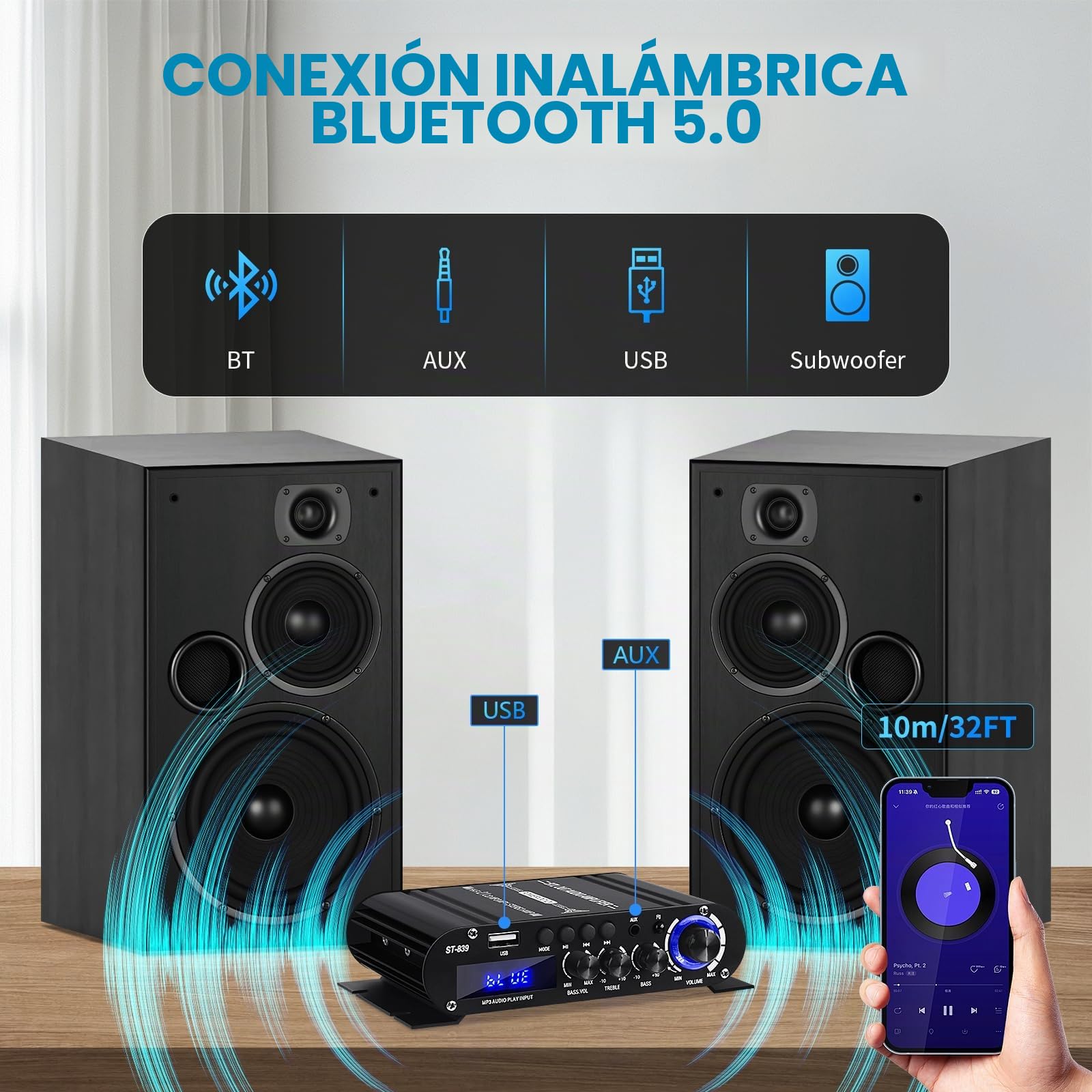 ST-839 amplificador Bluetooth 2.1 canales estéreo amplificadores receptores RMS 25x2 + 40W Max.100W Audio Amplificadores de potencia para el hogar Mini Sub amplificadores con agudos y graves, BT/USB