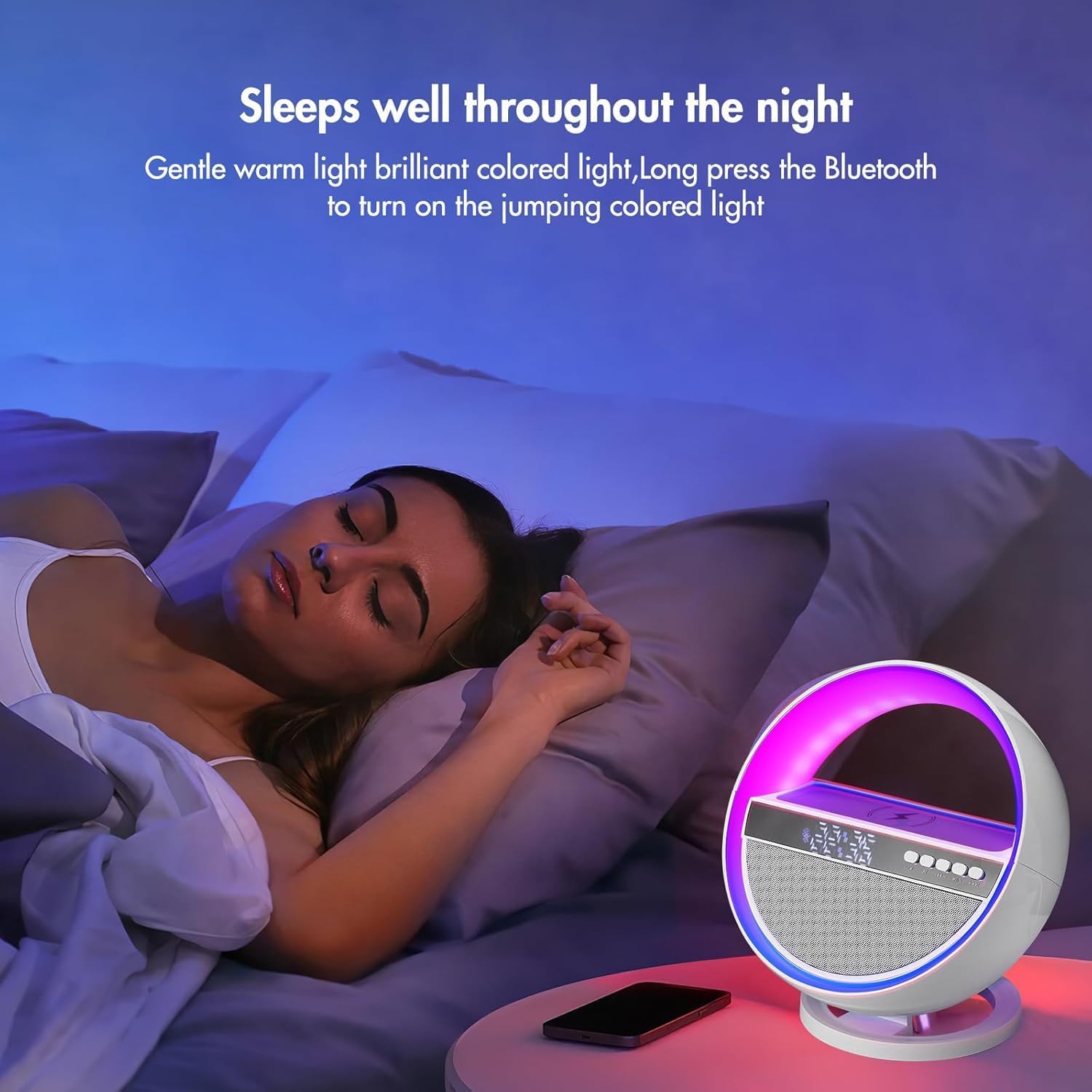 Mood Lamp with Up to 15W Wireless Charger, 6 in 1 Smart Alarm Clock, Bluetooth Speaker, LED Table Lamp with 12 RGB Colors, Bedside Nightstand Lamp, Modern Desk Lamp Gift - G5 - Image 4