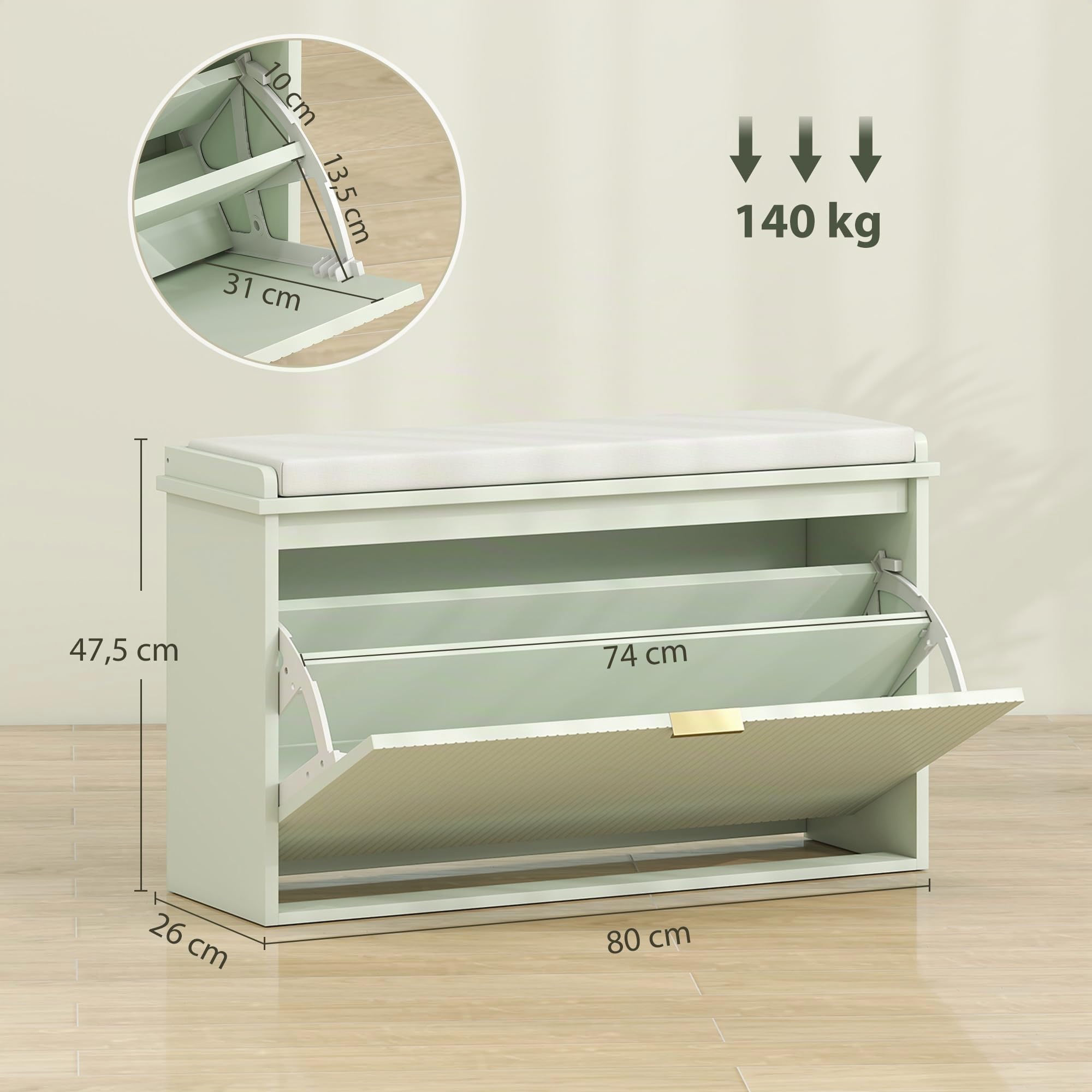 HOMCOM Banco Zapatero Estrecho con Asiento 80x26x47,5cm Verde Claro | Banco Recibidor, Asiento Acolchado, Cajón Abatible, Estante Ajustable, para 8 Pares de Zapatos, para Entrada, Dormitorio