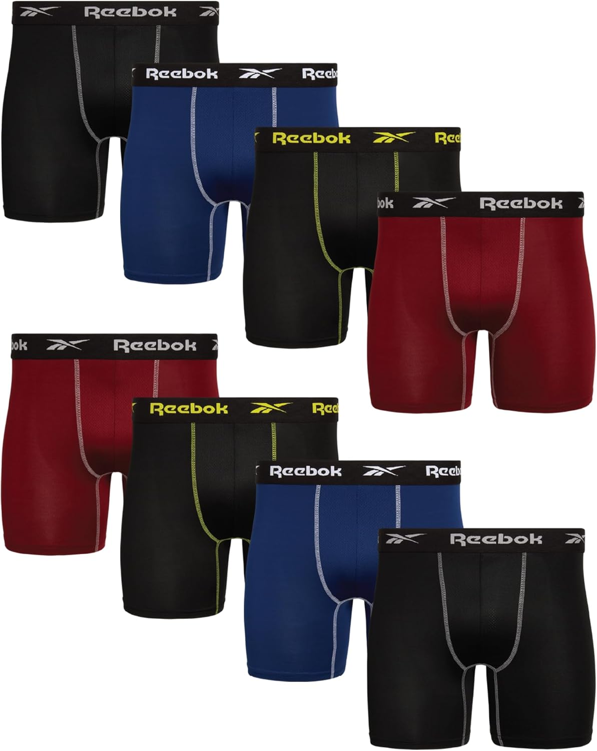 Reebok Mens Boxer Briefs - 8 Pack Stretch Performance 6" Inseam Moisture Wicking Mens Underwear Boxers with Contour Pouch