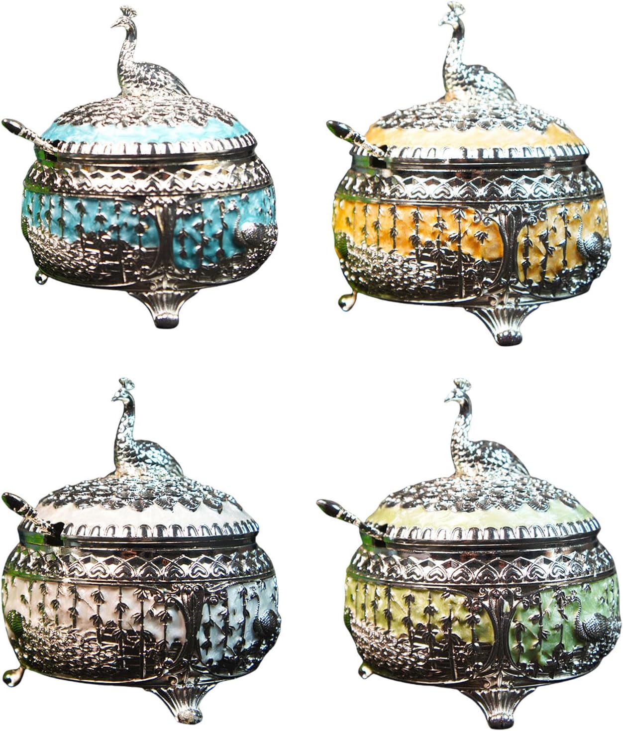 Sophisticated Alloy Sugar Cup with Peacocks Lid and Spoon Restaurant Kitchen Seasoning Bottle Home Decoration Supplies Alloy Candy Jar