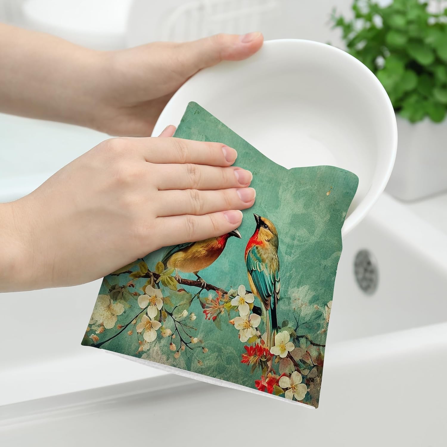 Cute Birds Kitchen Towels Decorative Set of 2, Absorbent Dish Towels Green Tea Towel Gifts for Bird Lovers Women, Spring Hand Towel for Kitchen Bathroom Bar Farmhouse Decor - Image 4