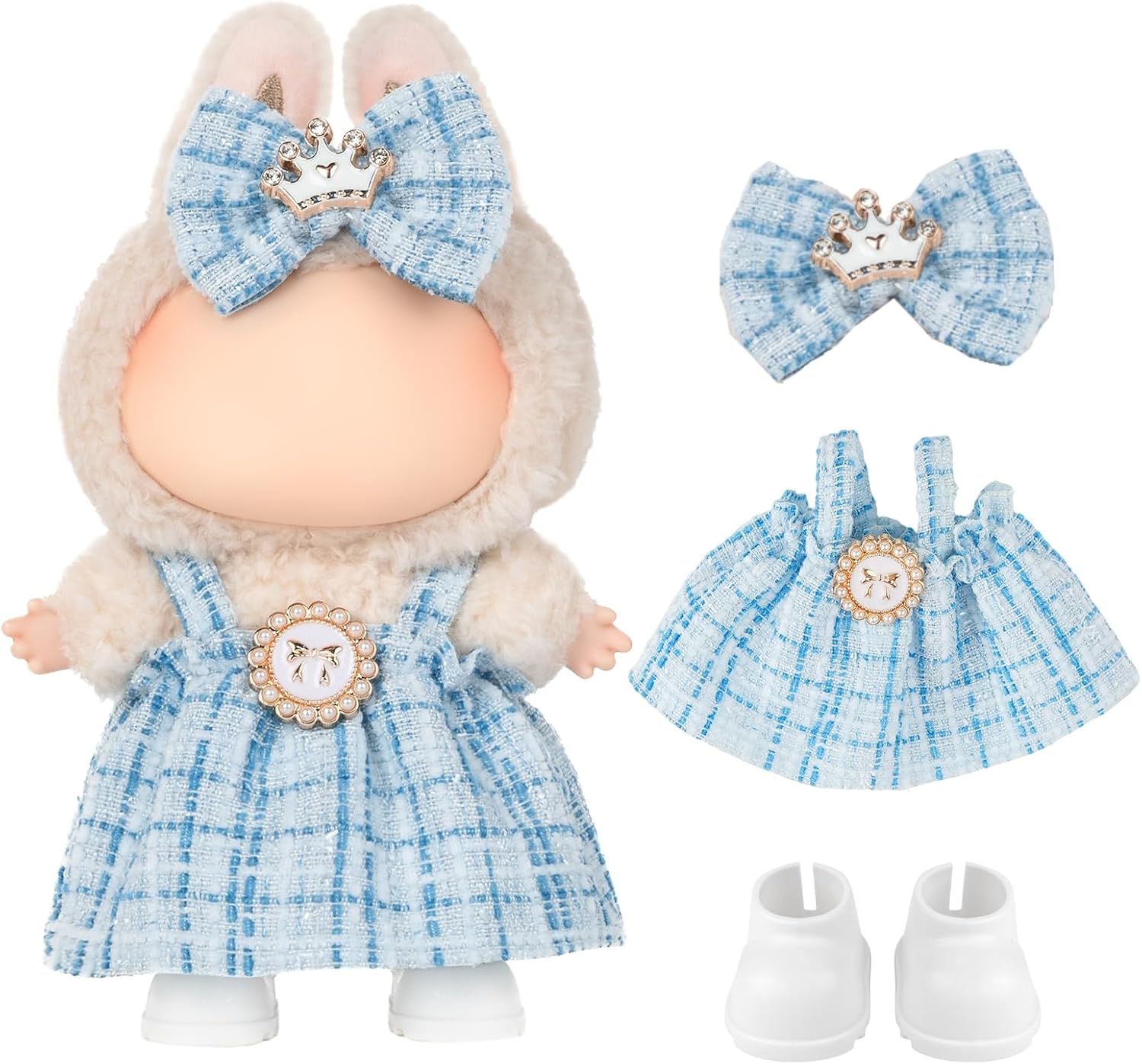 Clothes for LABUBU Doll (NO Doll) - 17cm Doll Clothes & Accessories Blue Dress Elegant Cute 3-Piece Outfit with Mini Hair Clip and White Shoes Clothing