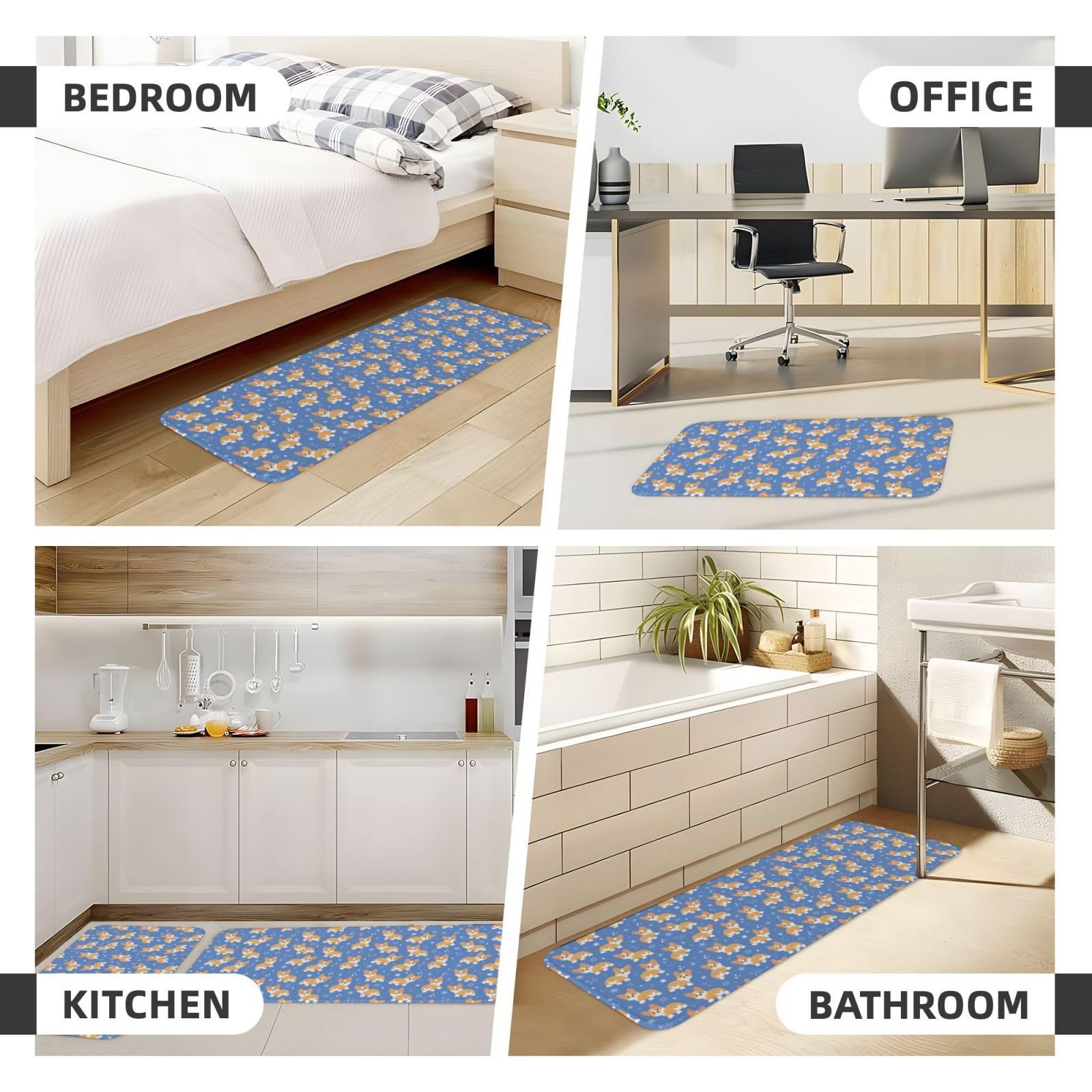 Corgi Küchenmatte für Boden, Bauernhaus, Küchenteppich, rutschfest, für Waschbecken, Wäsche, Büro, Zuhause, Schreibtisch, 43,2 x 129,2 cm + 43,2 x 73,2 cm, 2 Stück