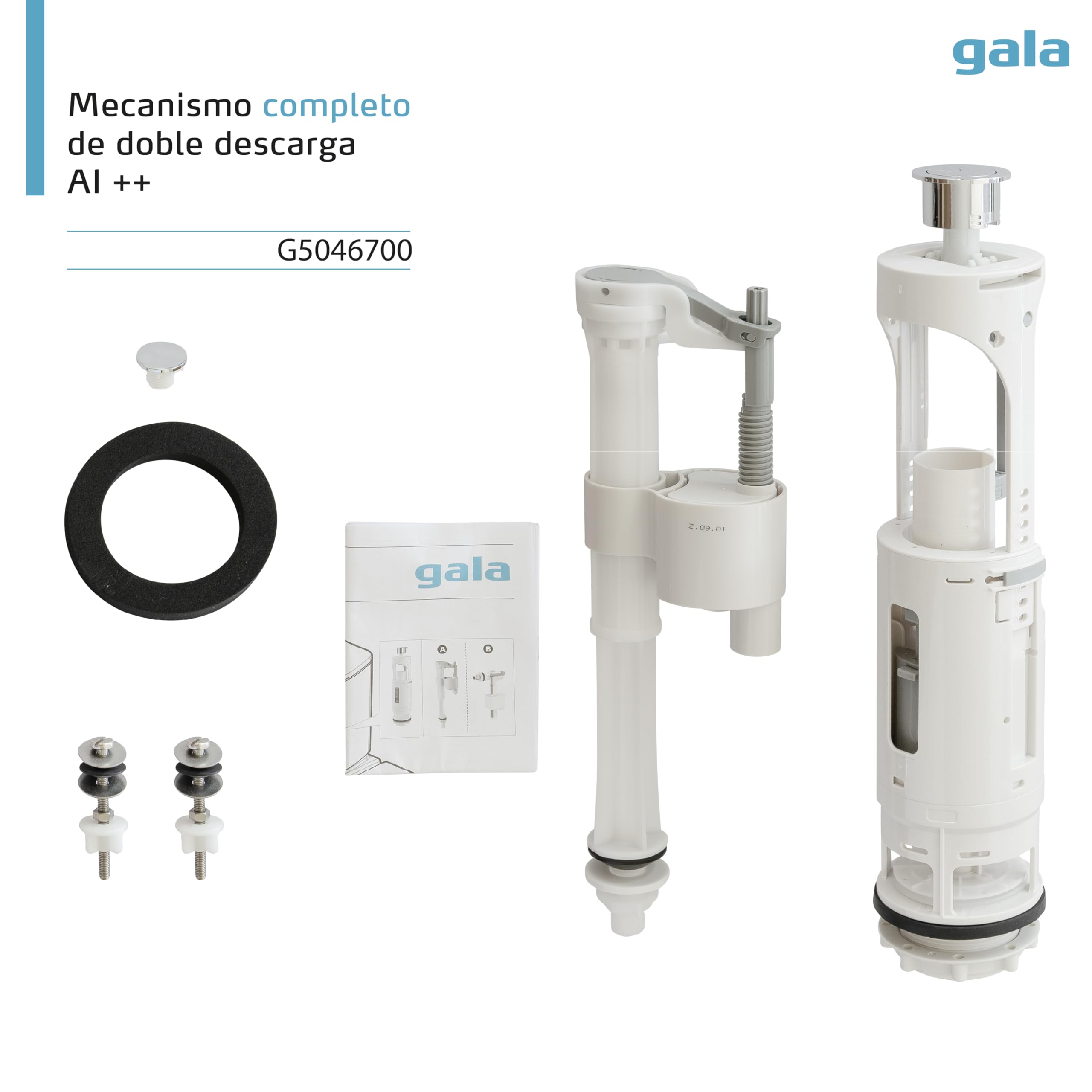 Gala Mecanismo G5046700– Mecanismo completo de doble descarga Alimentación inferior++. Compatible con cisternas Gala y de otras marcas. Fácil instalación